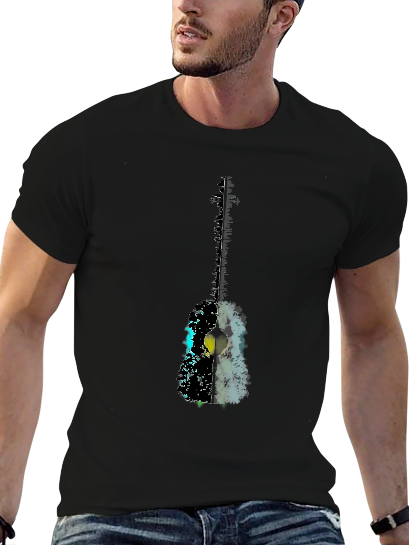 Abstract Guitar Graphic Tee - Black Casual T-Shirt