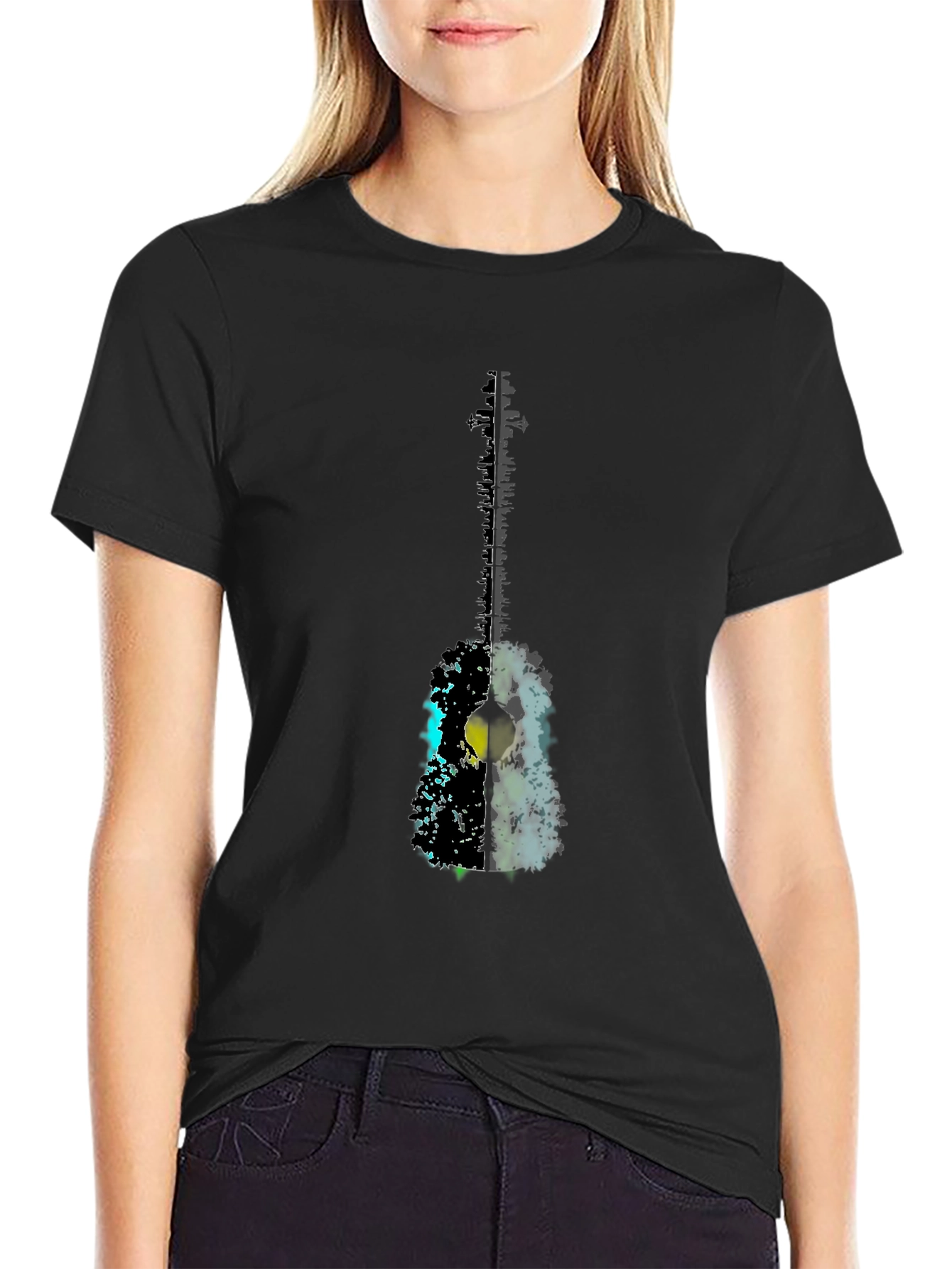 Abstract Guitar Graphic Tee - Black Casual T-Shirt