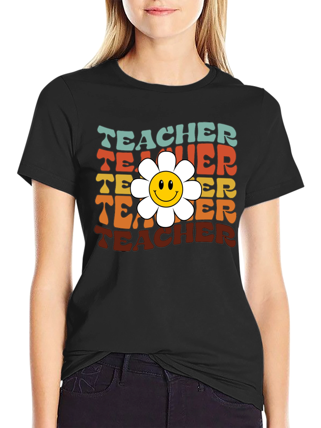 Retro Teacher Smiley Flower T-Shirt