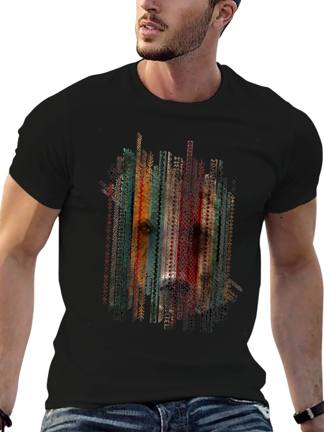 Tribal Dog Graphic Tee - Stylish Mens Black T-Shirt