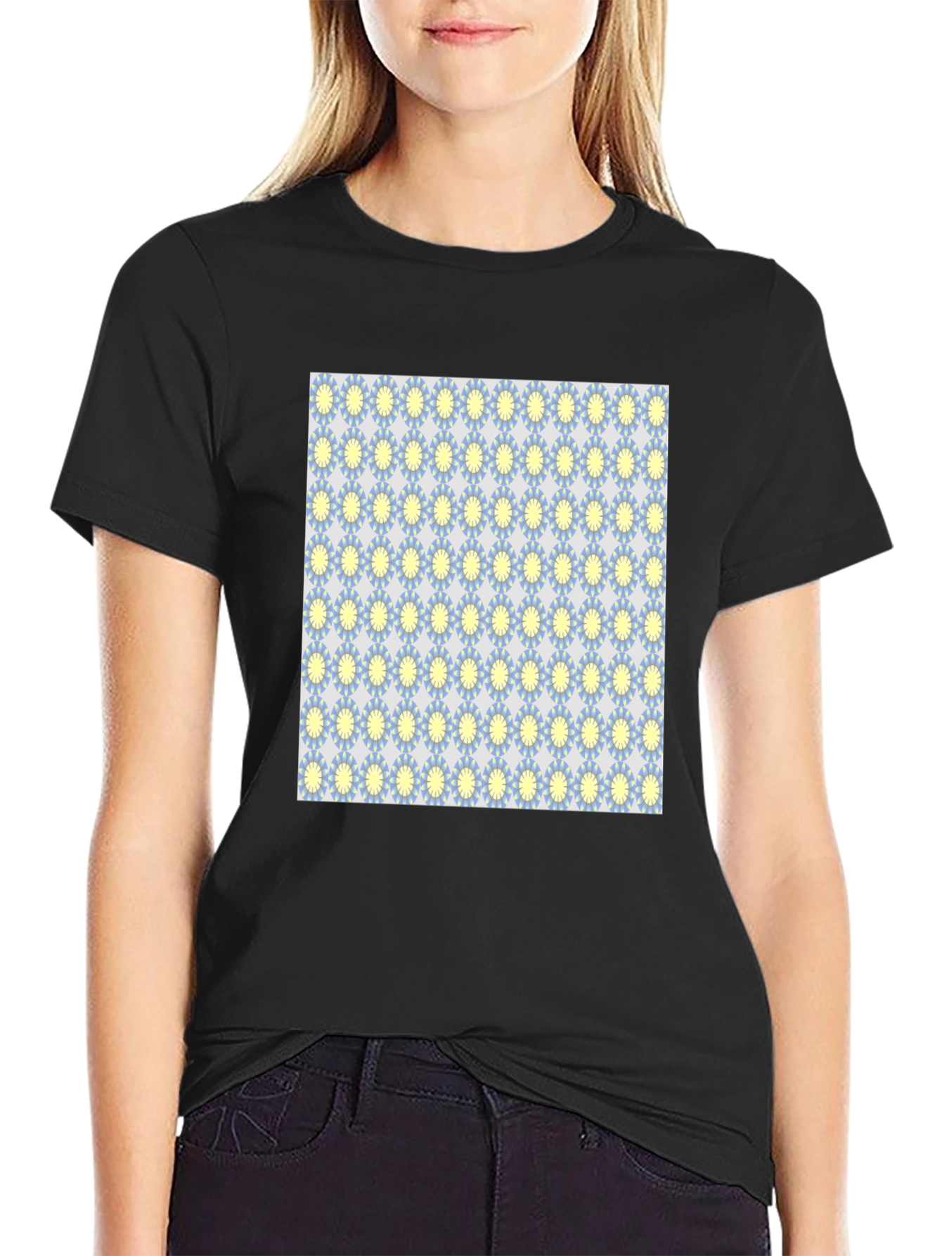 Black T-Shirt with Retro Floral Pattern