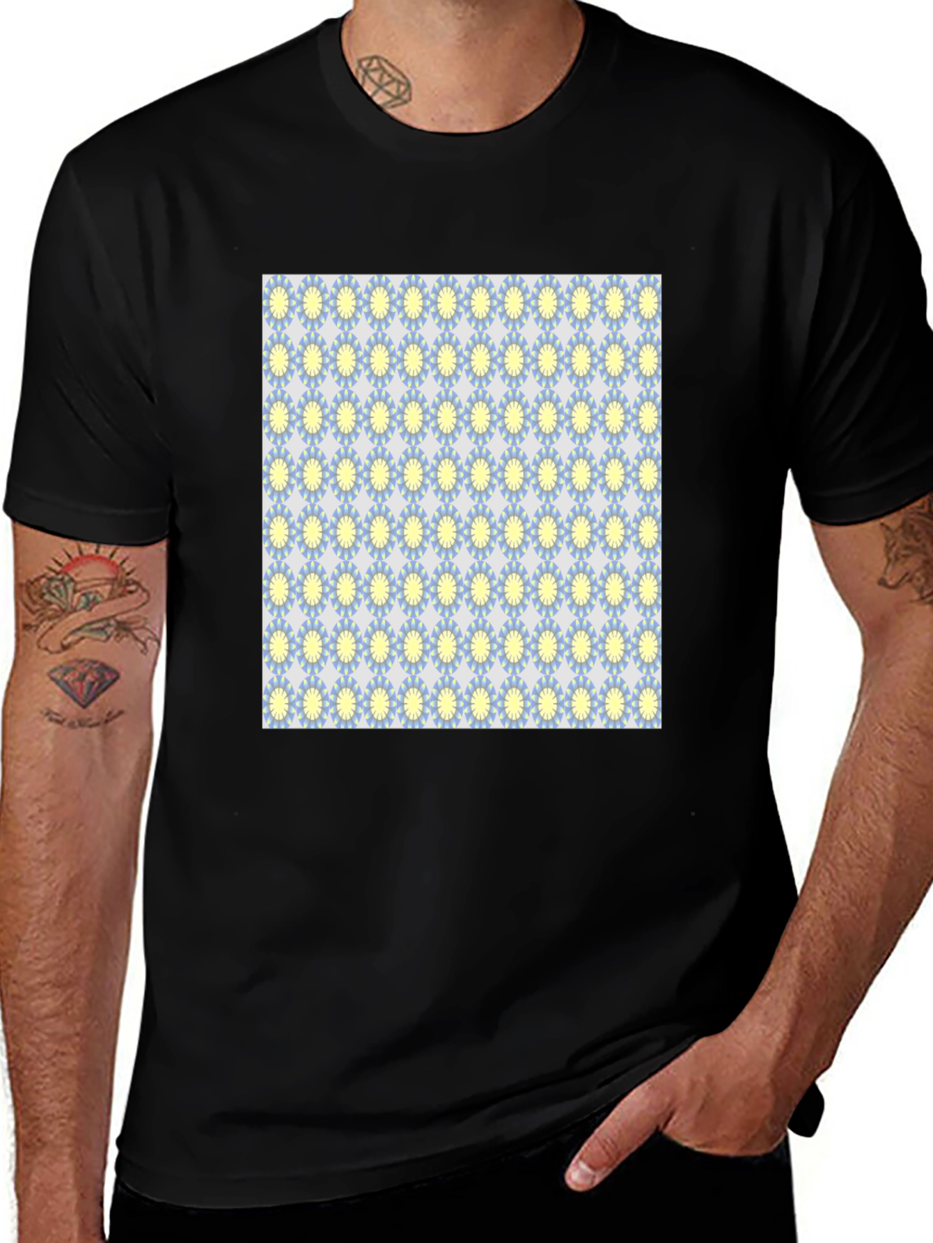 Black T-Shirt with Retro Floral Pattern