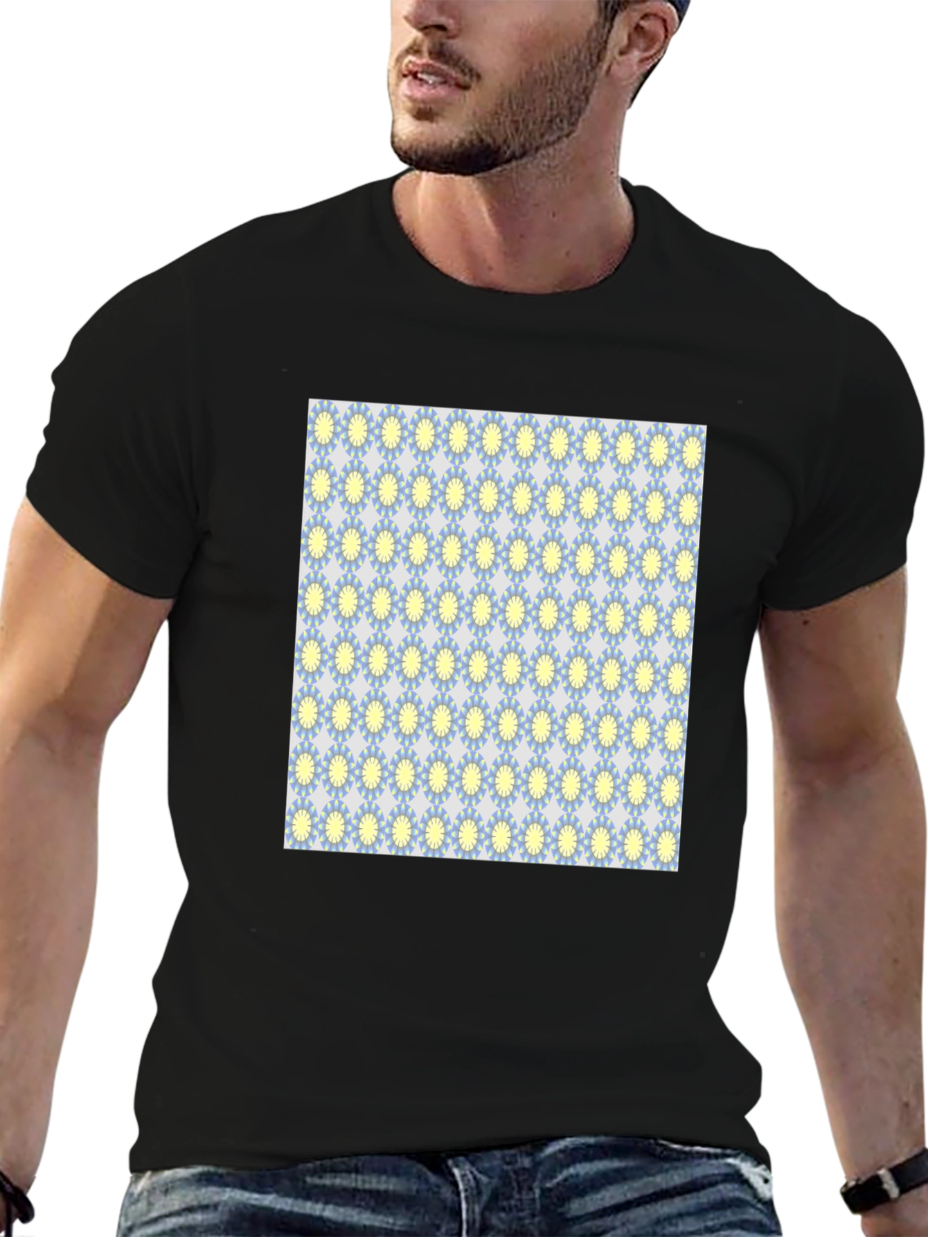 Black T-Shirt with Retro Floral Pattern