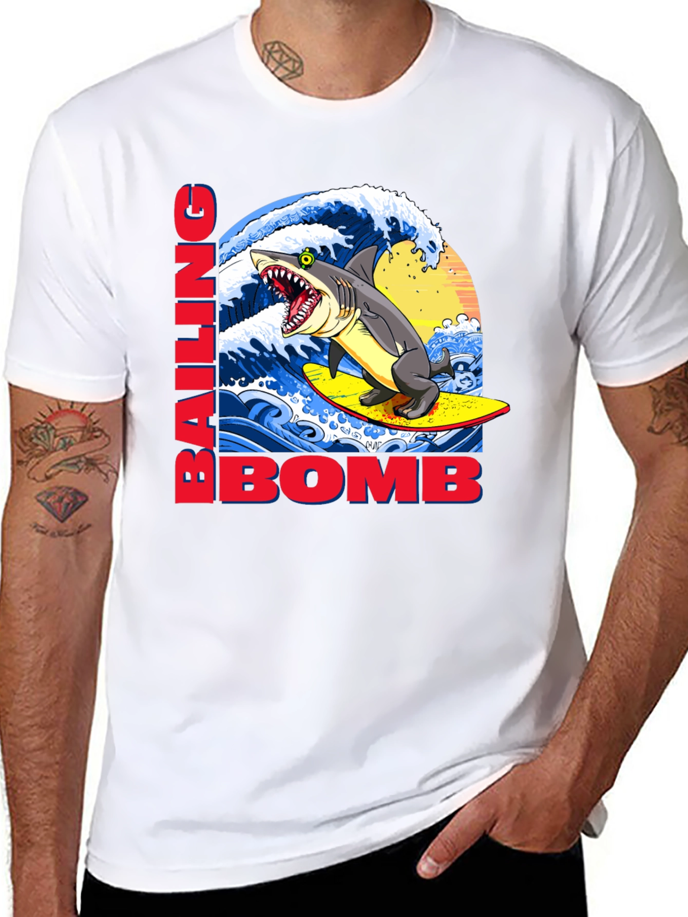 Surfing Shark Graphic Tee - Bailing Bomb Design