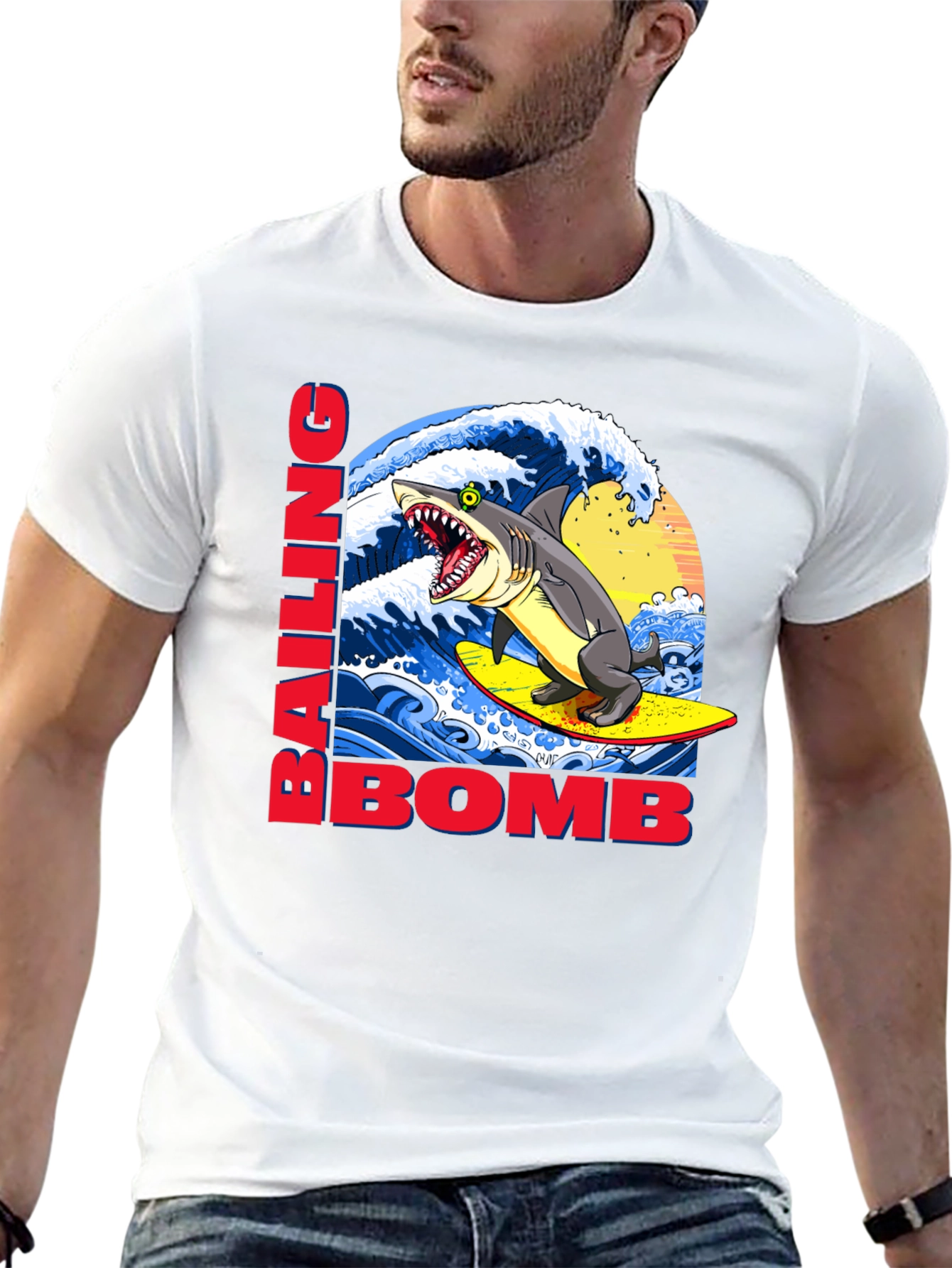 Surfing Shark Graphic Tee - Bailing Bomb Design