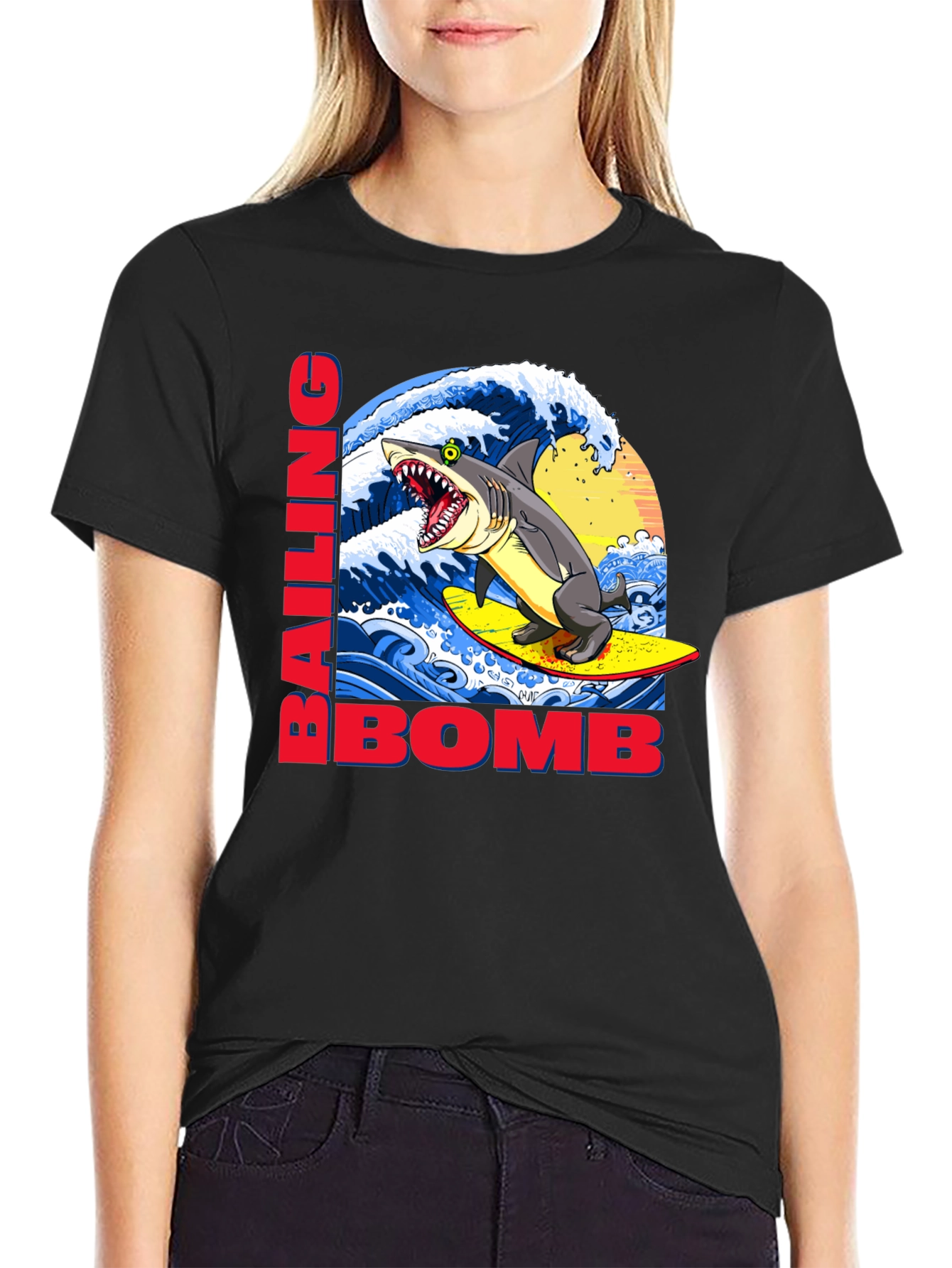 Surfing Shark Graphic Tee - Bailing Bomb Design