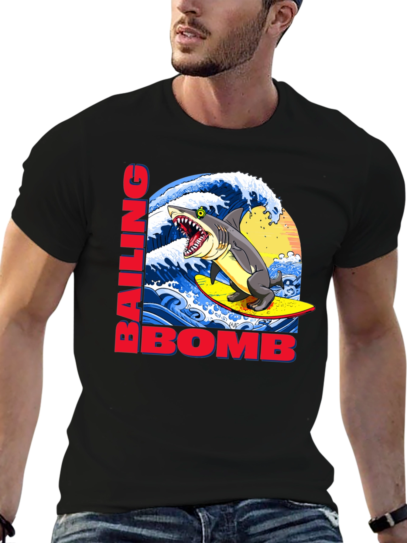 Surfing Shark Graphic Tee - Bailing Bomb Design