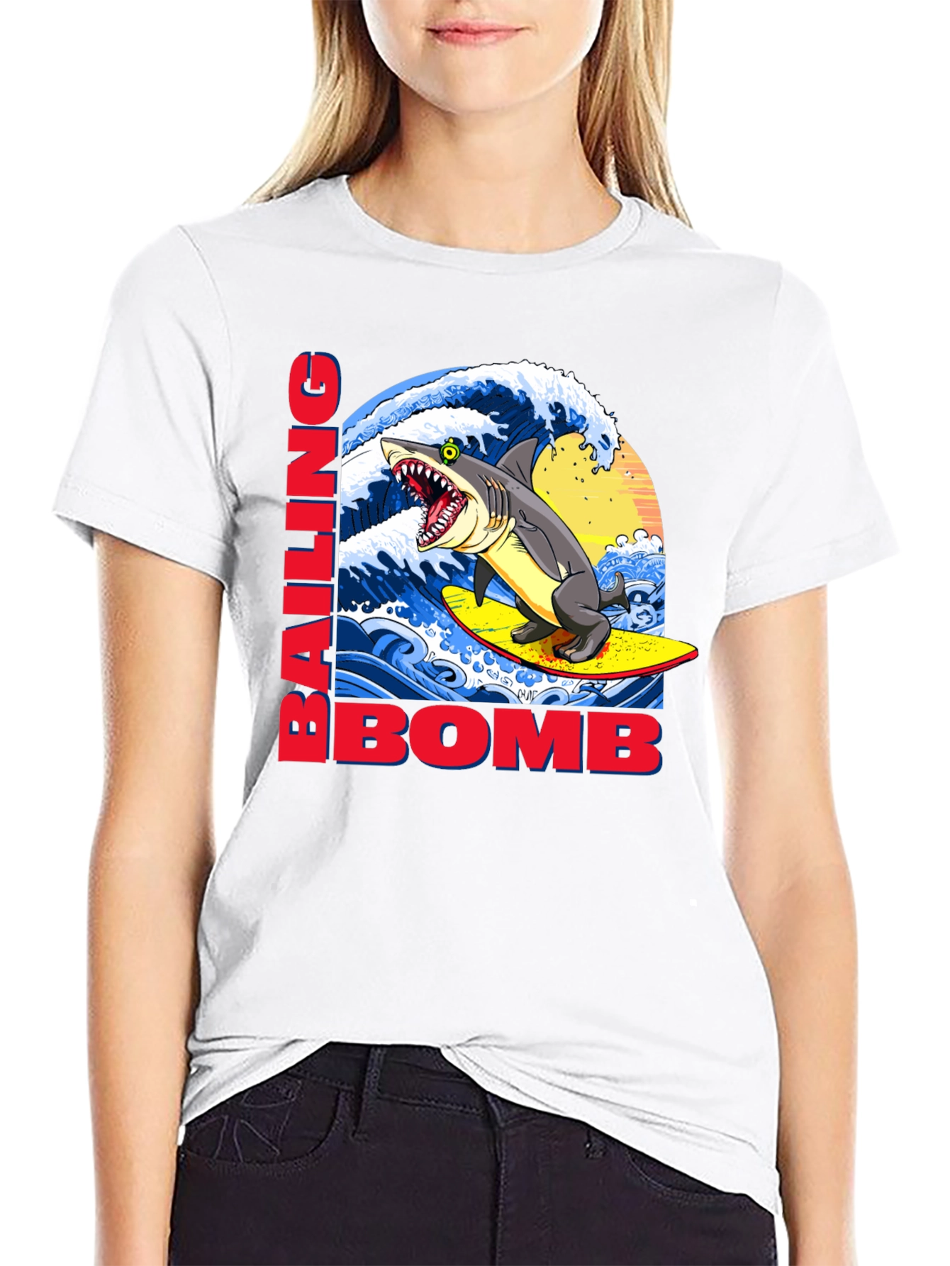 Surfing Shark Graphic Tee - Bailing Bomb Design