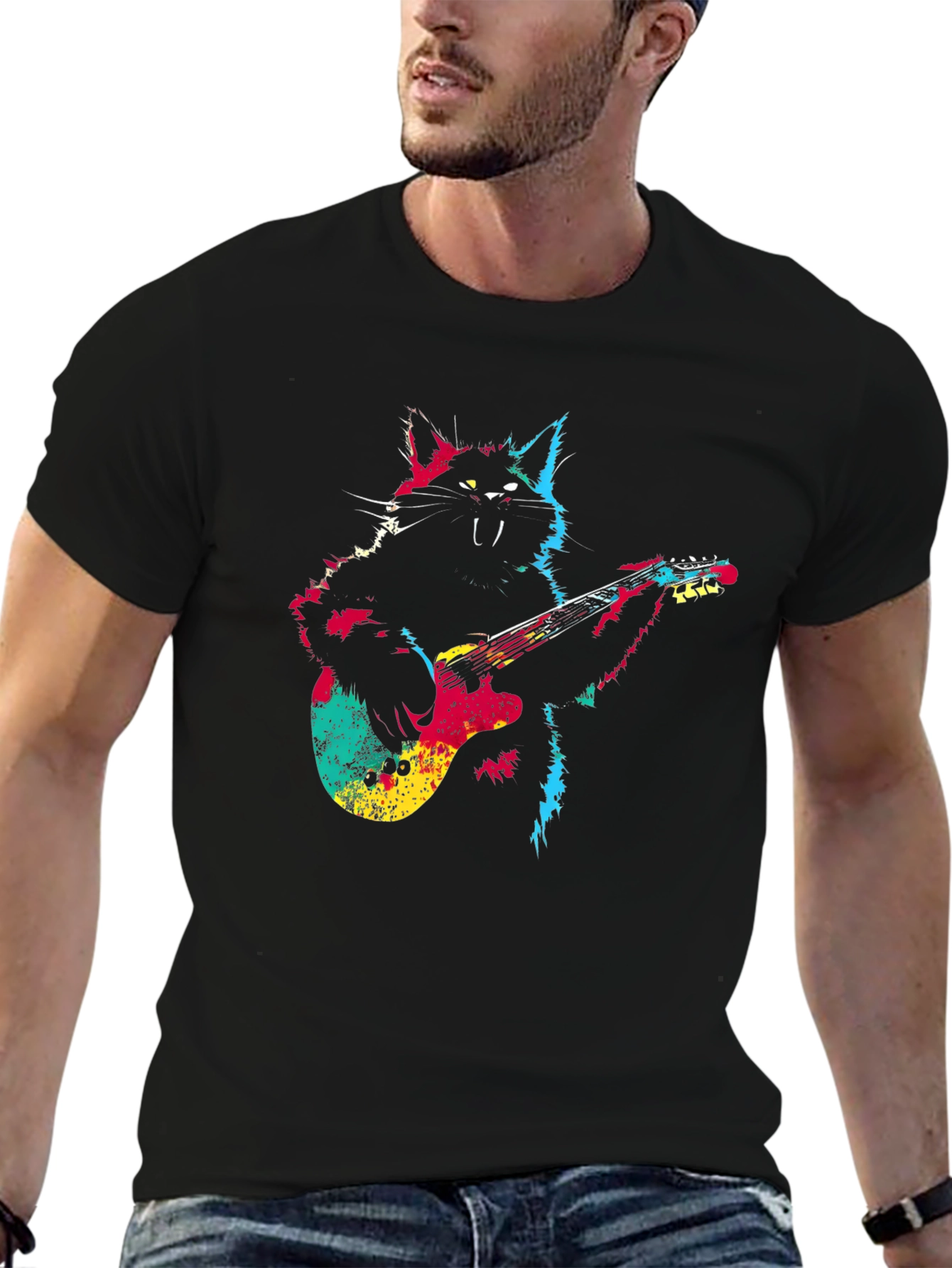 Rock Cat Guitar T-Shirt - Cool Graphic Tee