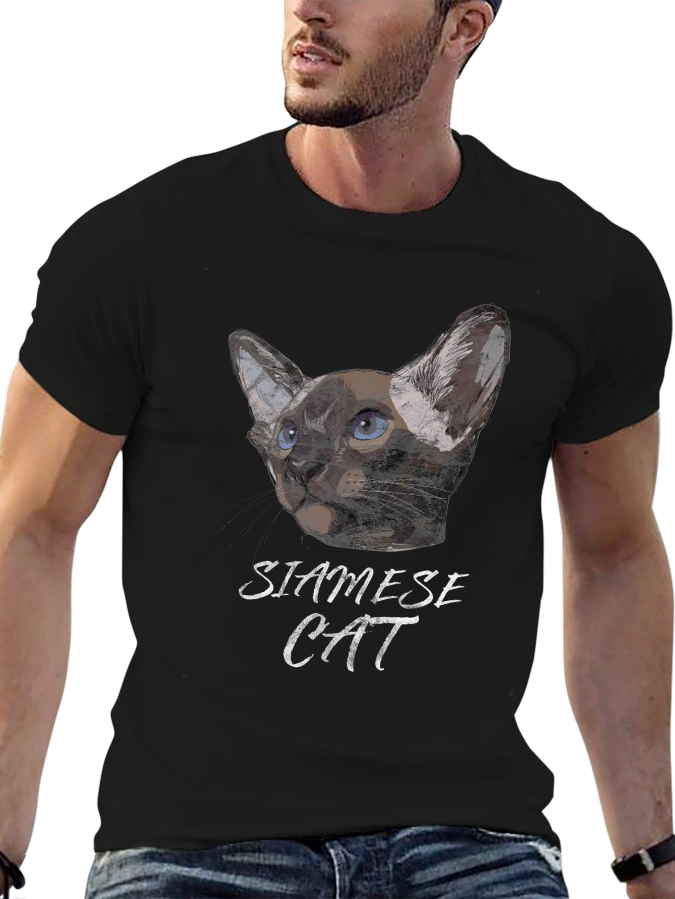 Siamese Cat Graphic Print Black T-Shirt