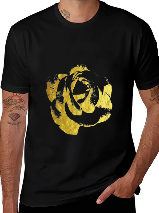 Black T-Shirt with Gold Rose Print - Modern & Stylish