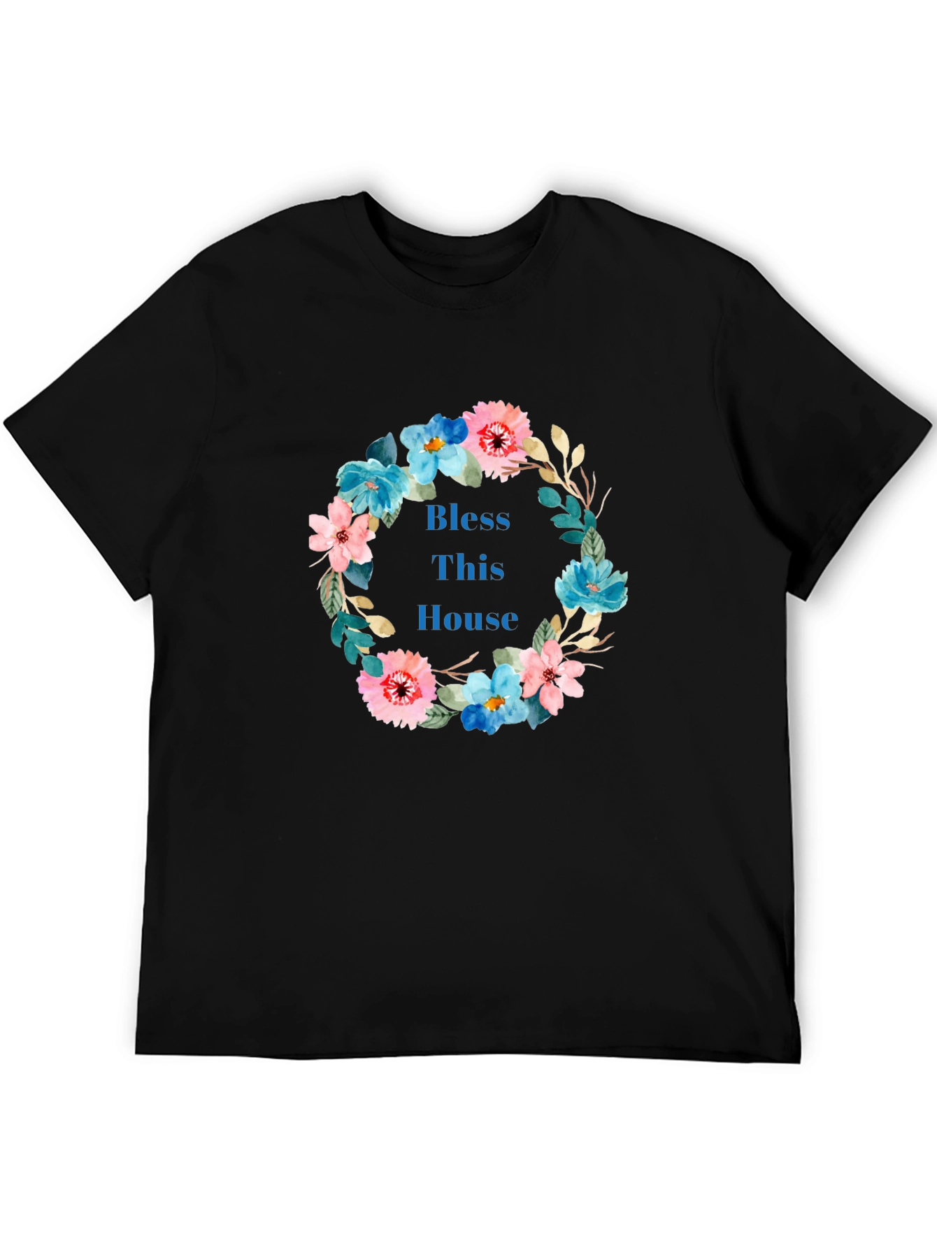 Bless This House Floral Wreath Black T-Shirt