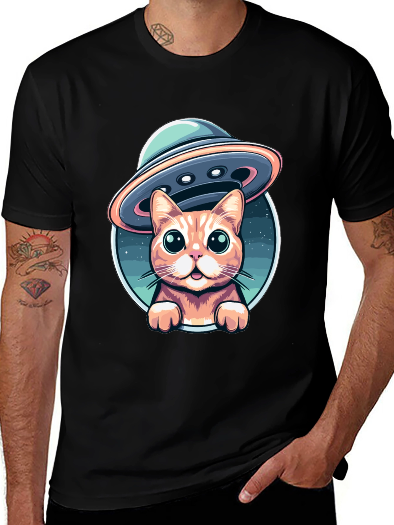 Cat Abduction UFO Graphic T-Shirt