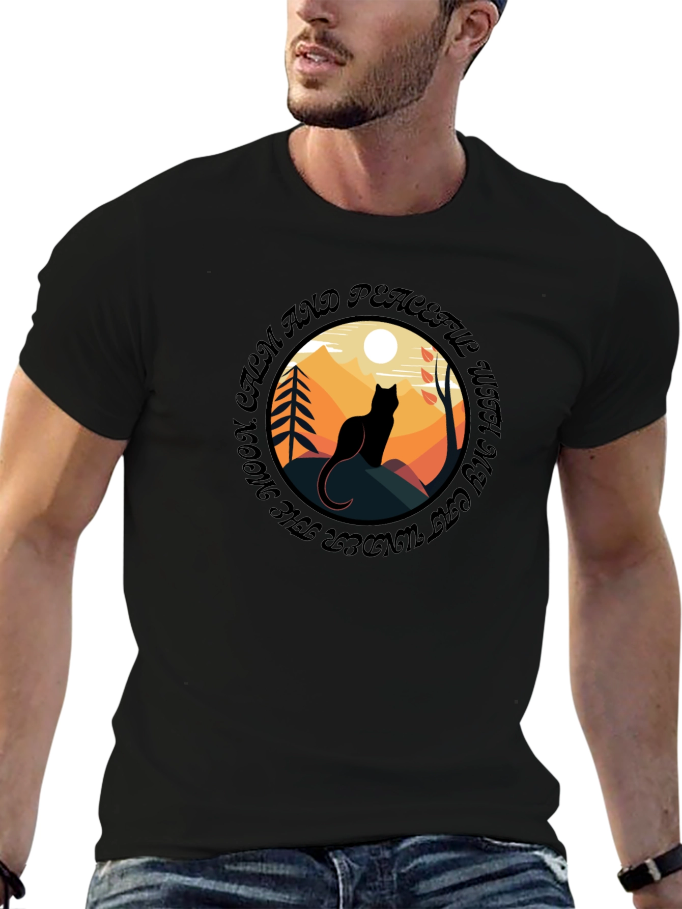Calm Cat Under Moon T-Shirt - Peaceful Graphic Tee