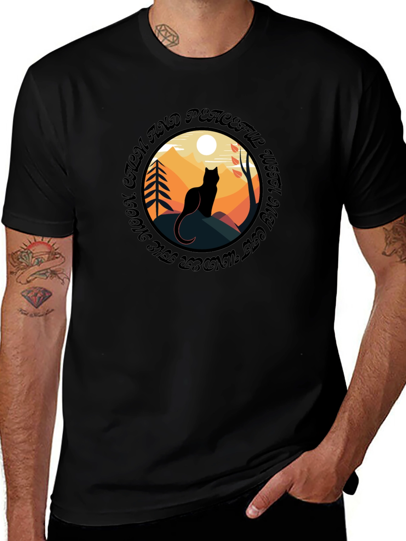 Calm Cat Under Moon T-Shirt - Peaceful Graphic Tee