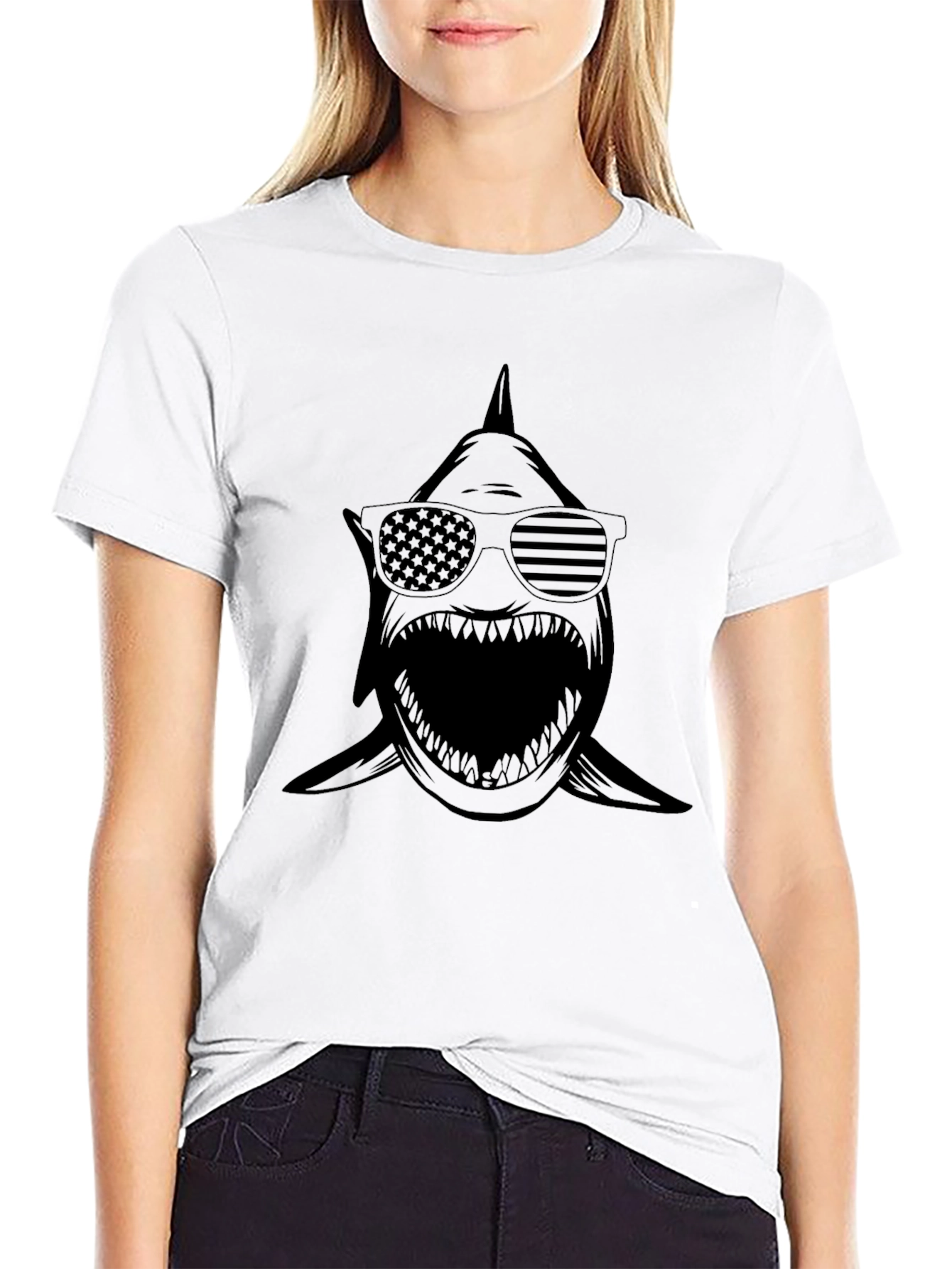 Shark USA Flag Sunglasses Graphic T-Shirt