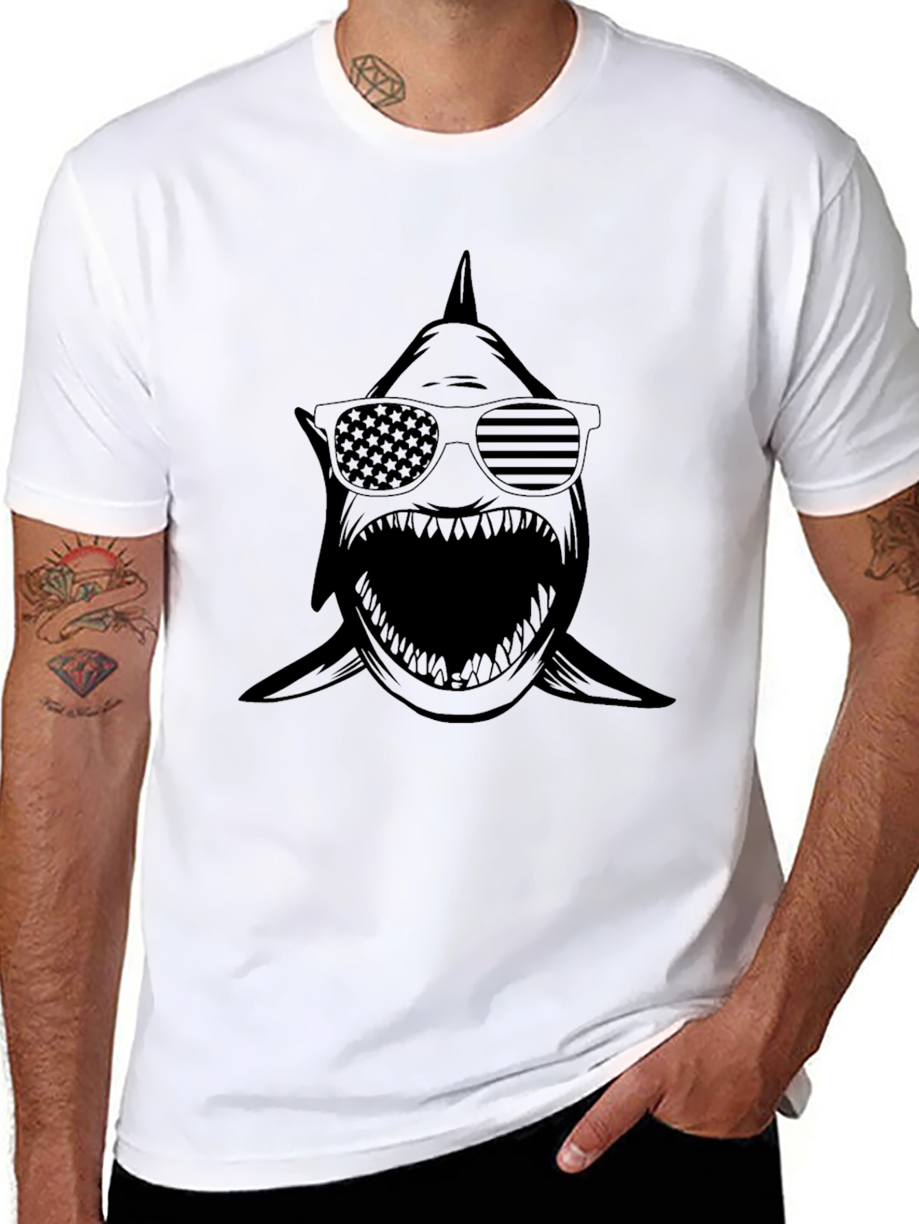 Shark USA Flag Sunglasses Graphic T-Shirt