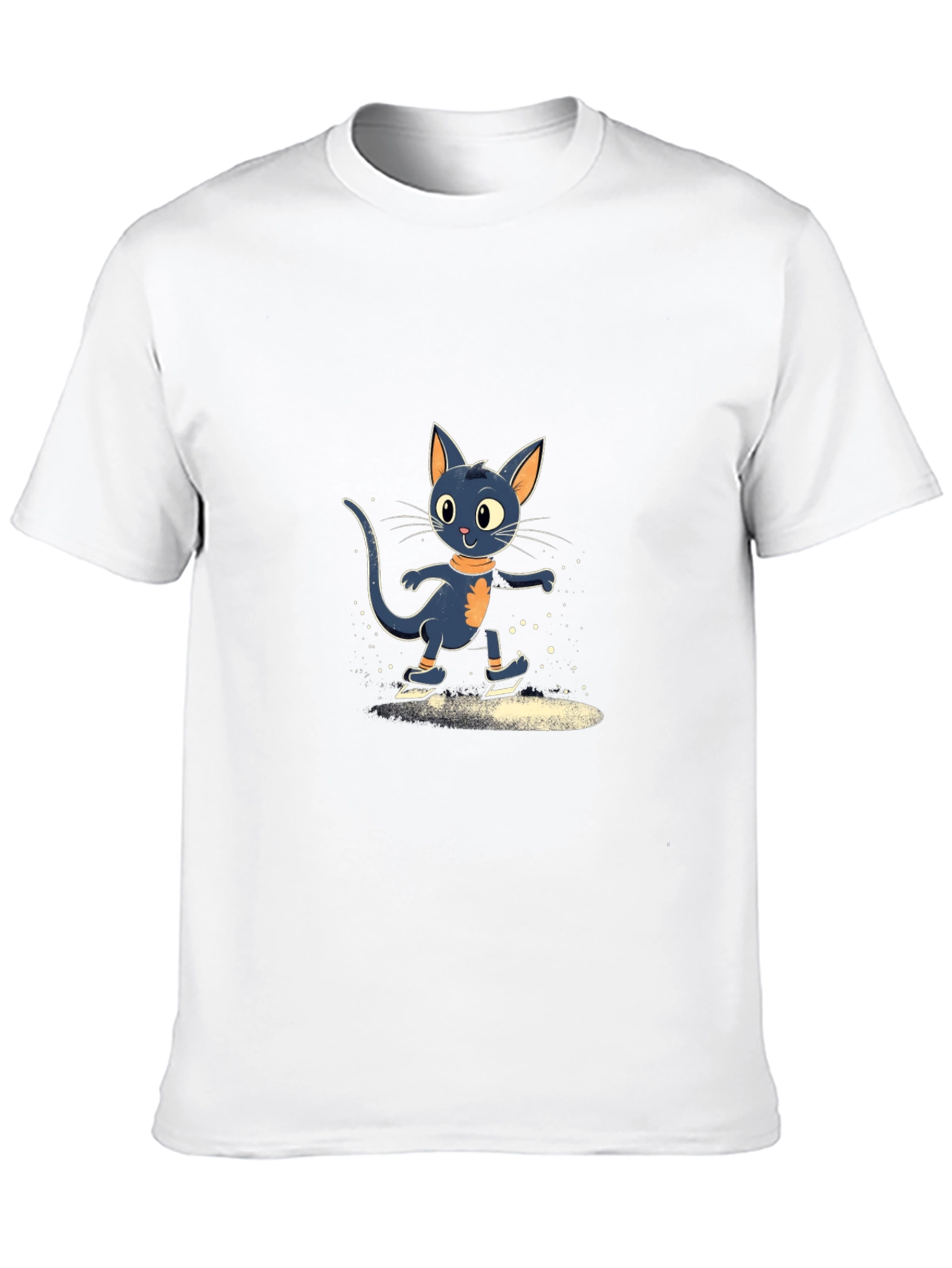 Skating Cat Graphic Tee - Black Cotton Blend T-Shirt