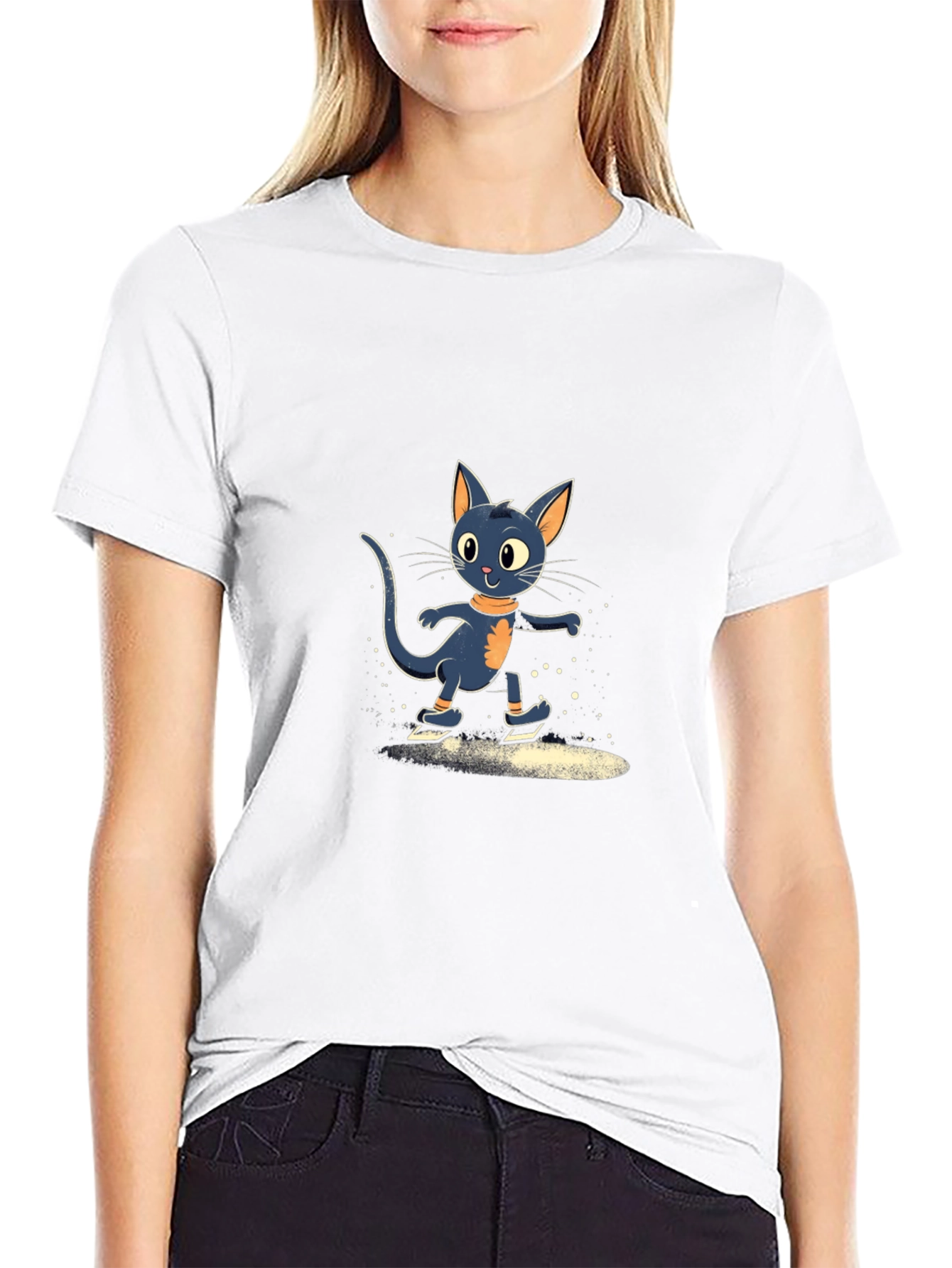 Skating Cat Graphic Tee - Black Cotton Blend T-Shirt