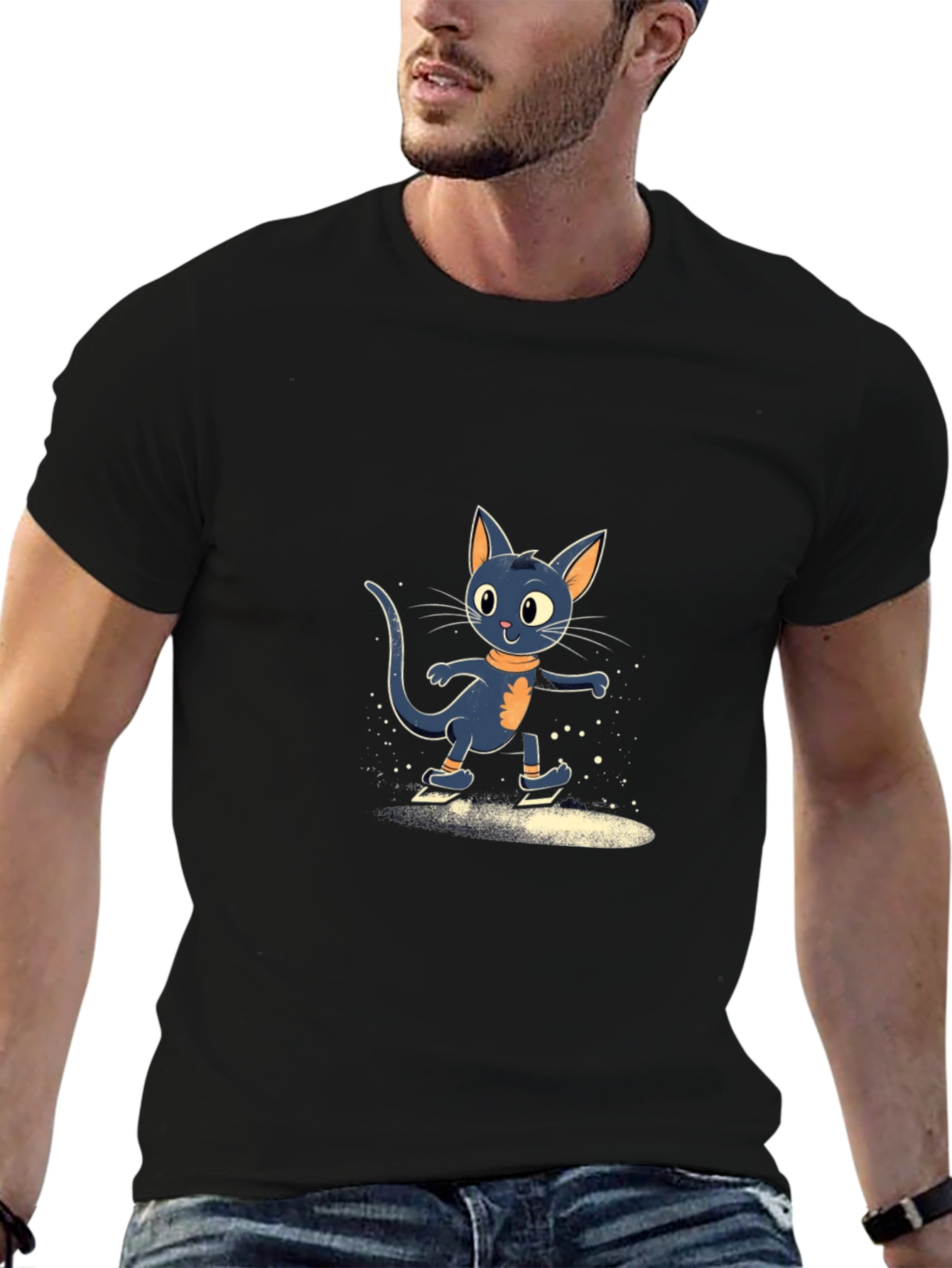 Skating Cat Graphic Tee - Black Cotton Blend T-Shirt
