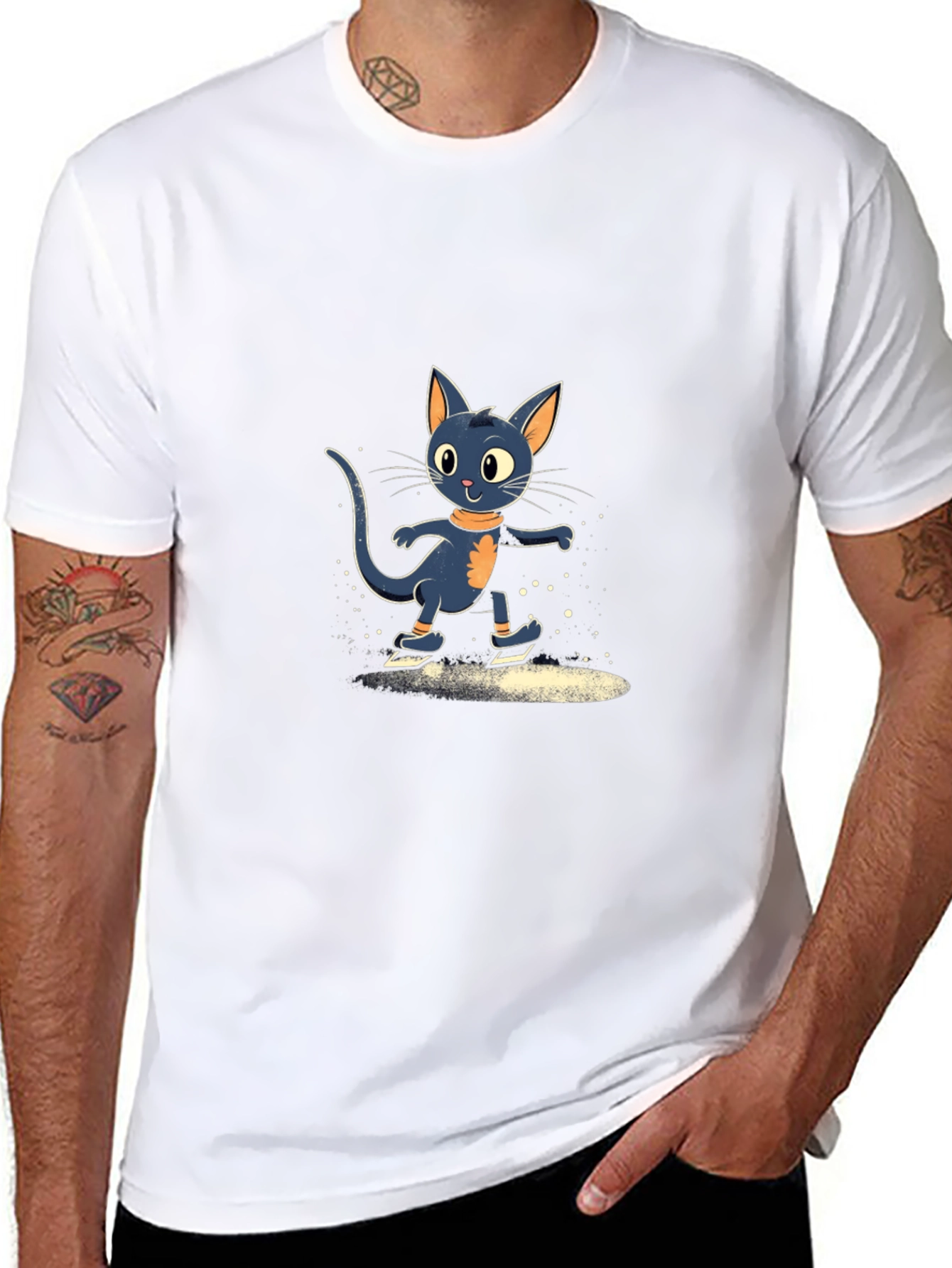 Skating Cat Graphic Tee - Black Cotton Blend T-Shirt