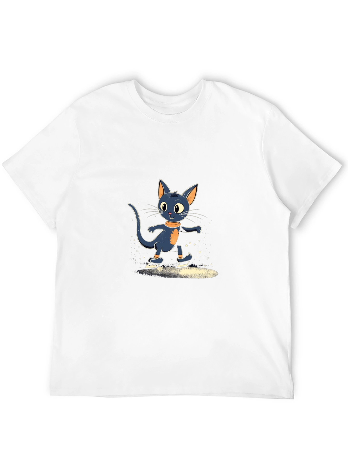 Skating Cat Graphic Tee - Black Cotton Blend T-Shirt