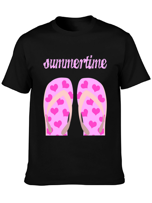 Summertime Pink Flip Flops Black T-Shirt