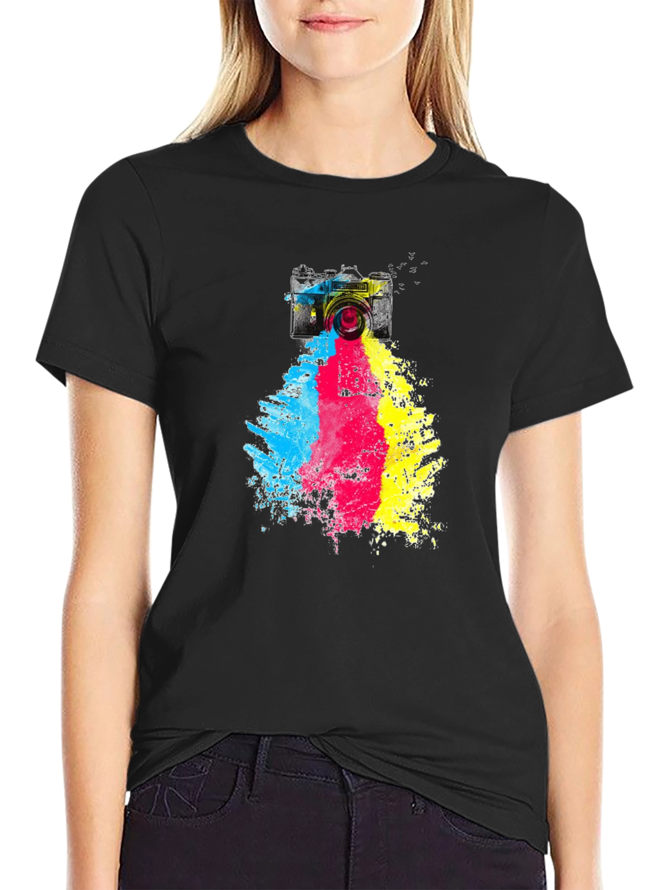 Camera Paint Splash Graphic Tee - Black Cotton