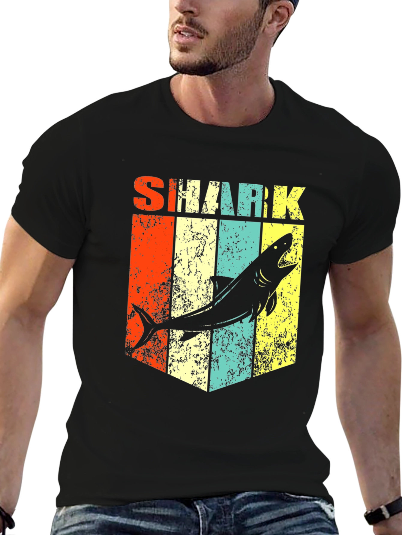 Retro Shark Graphic Tee - Stylish Mens Black T-Shirt