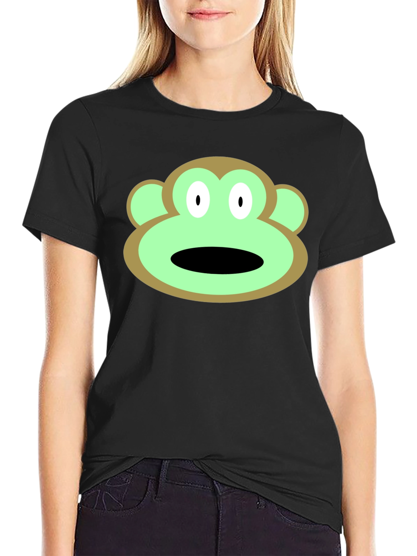 Cartoon Monkey Face Graphic Tee - Black T-Shirt