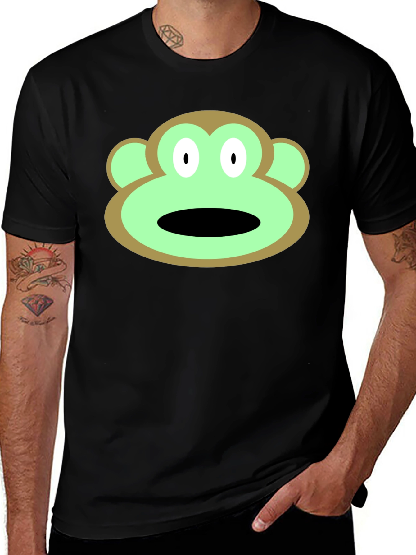 Cartoon Monkey Face Graphic Tee - Black T-Shirt