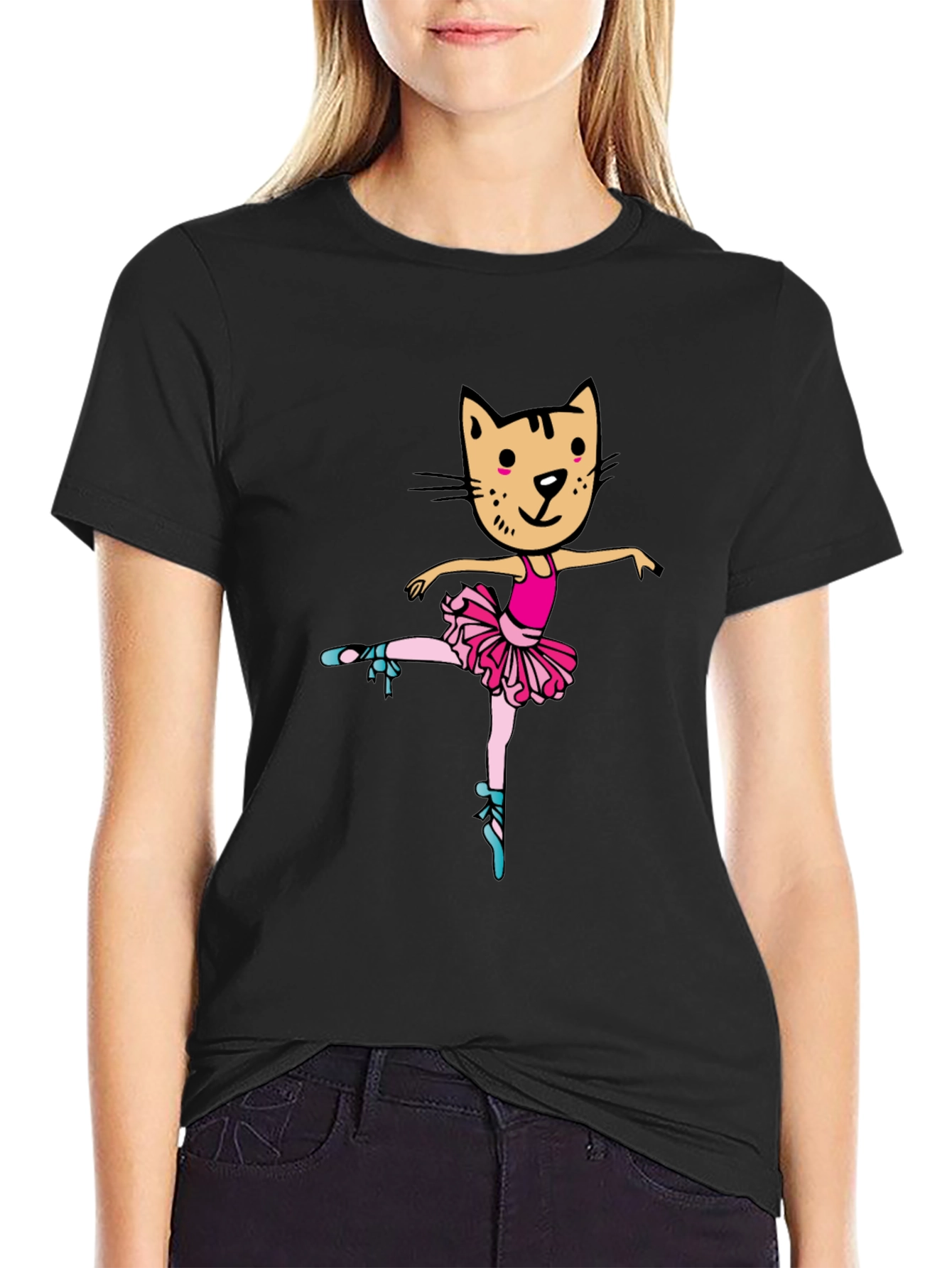 Cat Ballerina Graphic Tee - Black Unisex T-Shirt