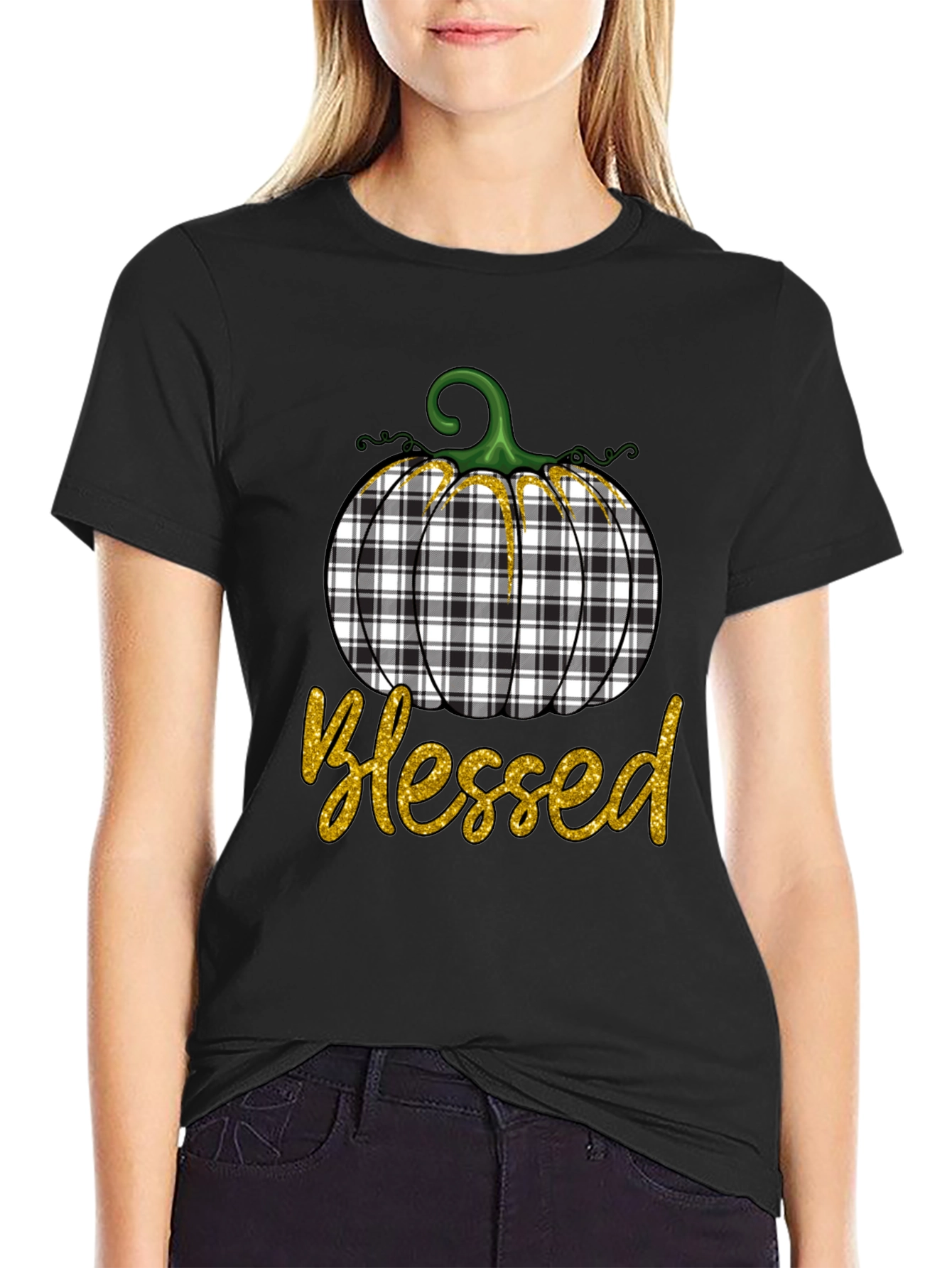 Blessed Plaid Pumpkin Graphic Tee - Fall Apparel