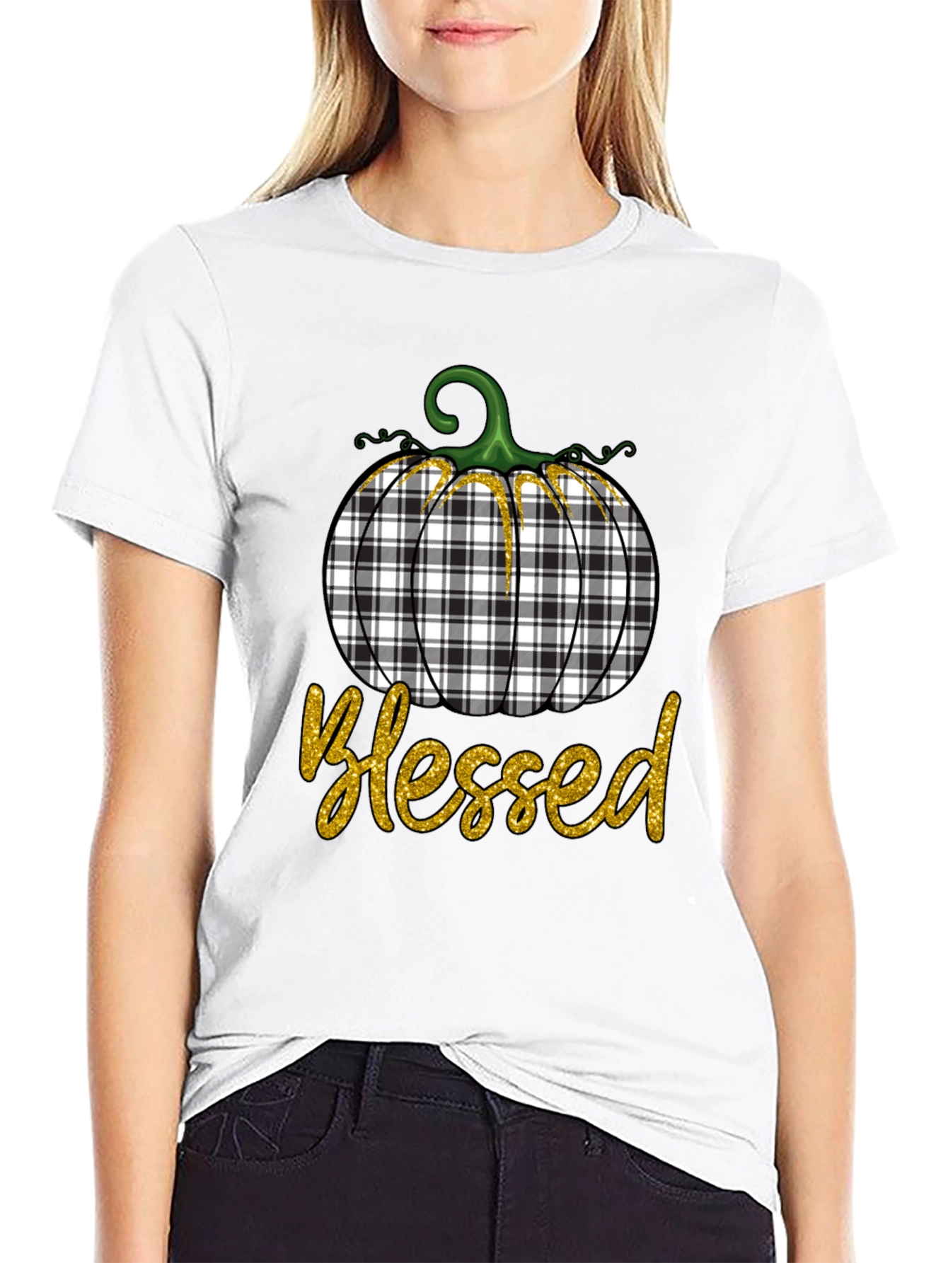 Blessed Plaid Pumpkin Graphic Tee - Fall Apparel