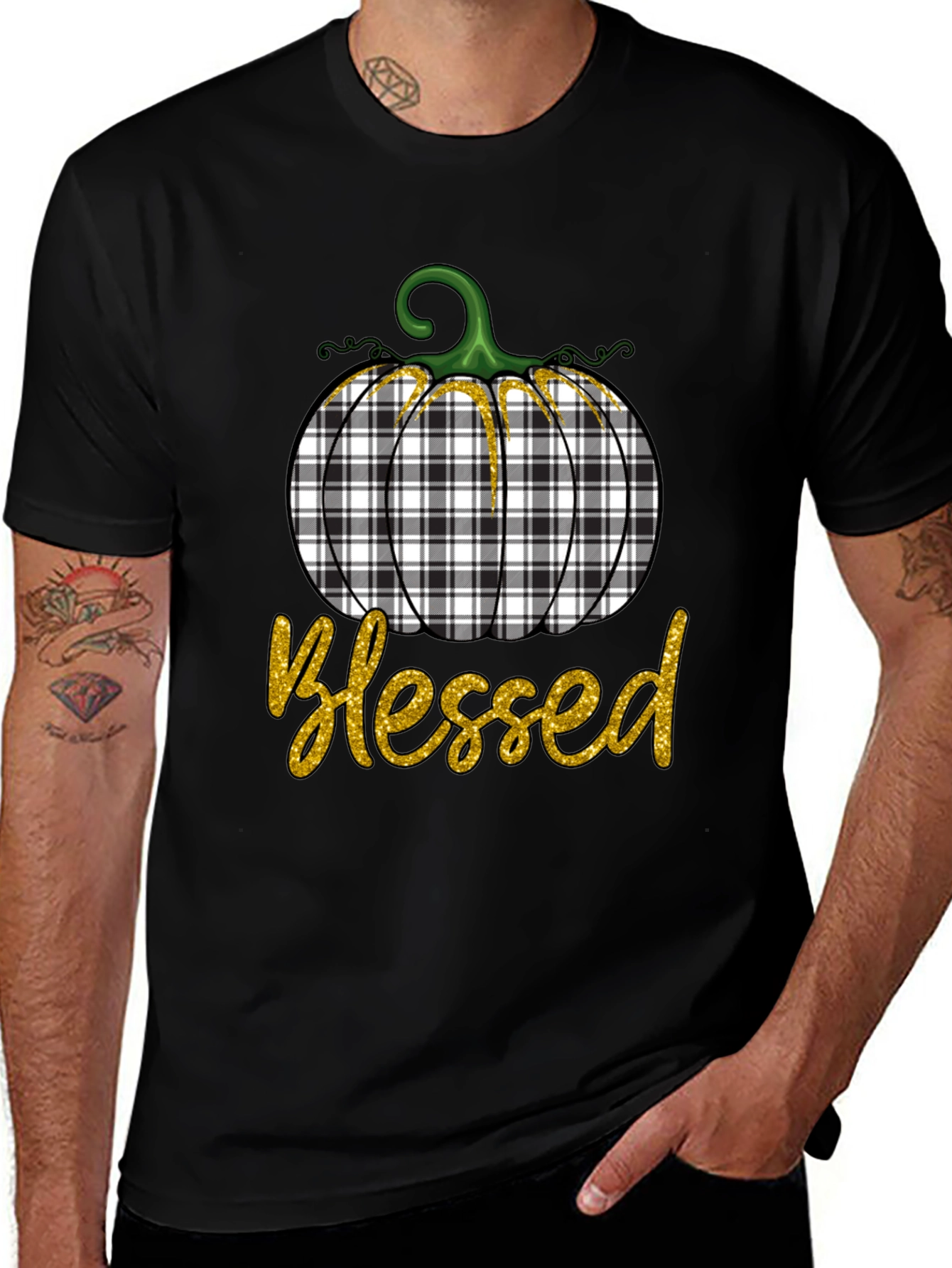 Blessed Plaid Pumpkin Graphic Tee - Fall Apparel
