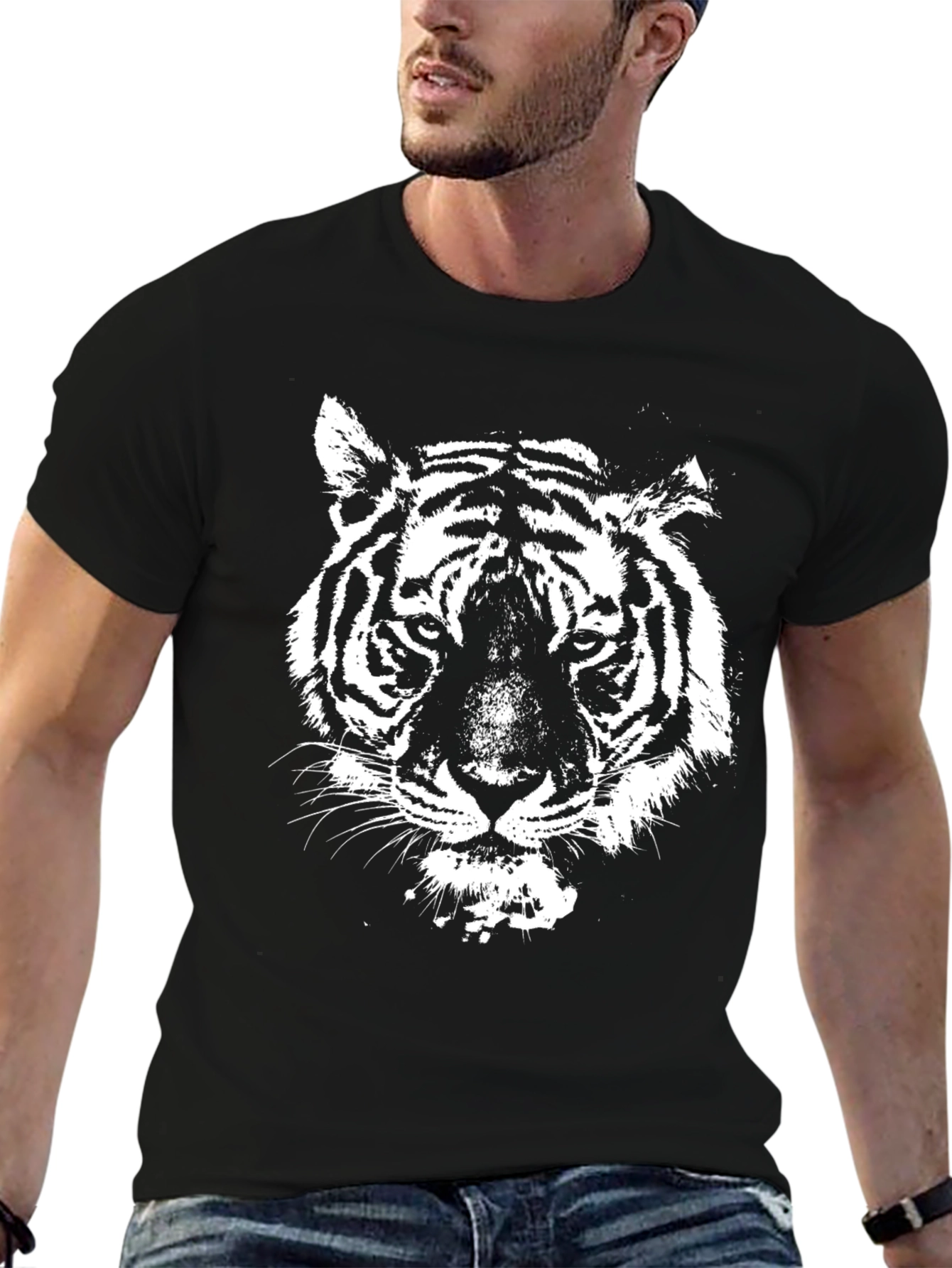 Black T-Shirt with White Tiger Graphic