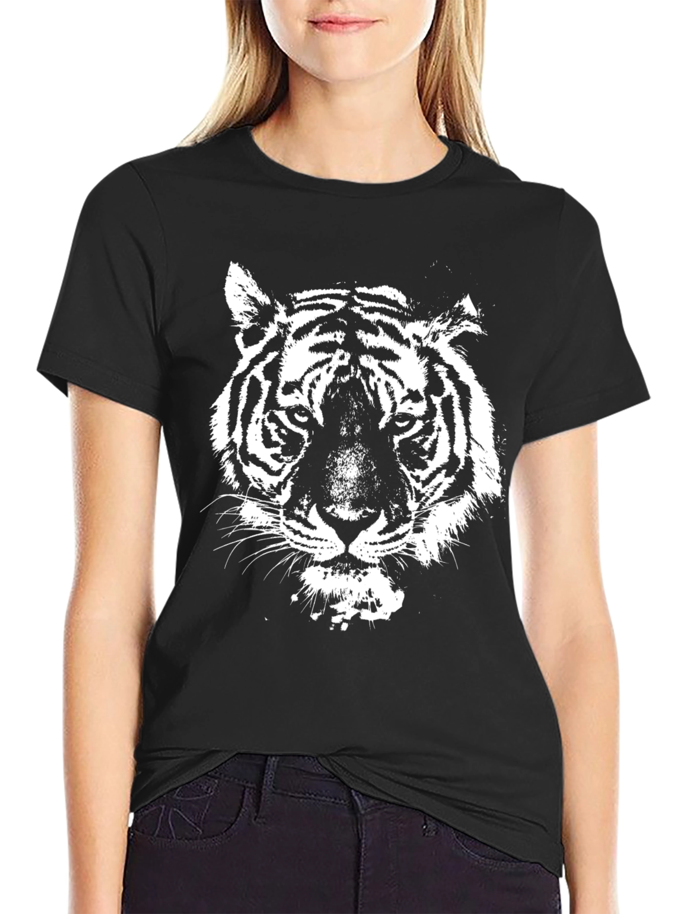 Black T-Shirt with White Tiger Graphic
