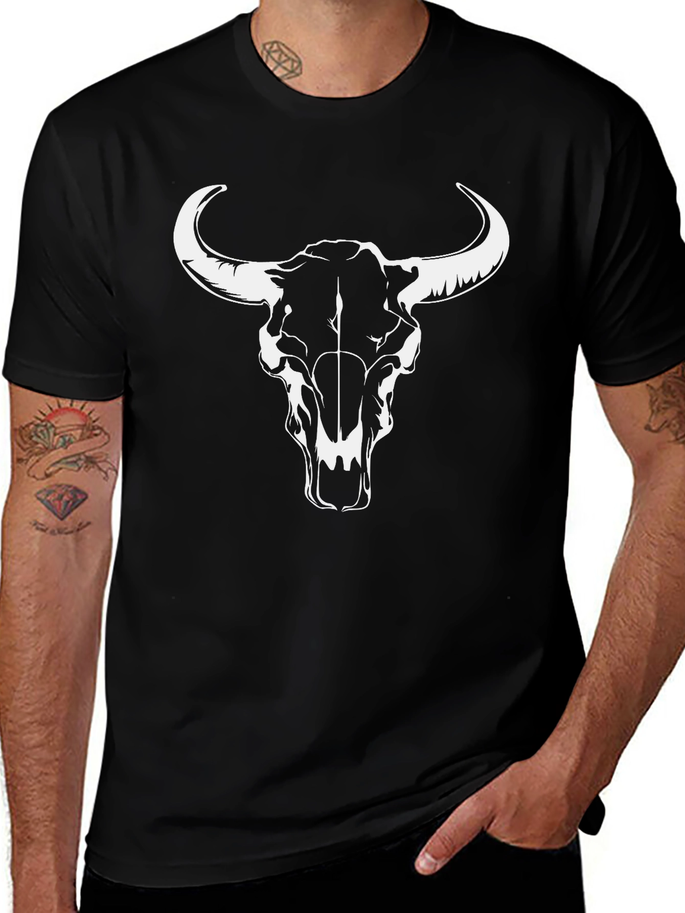 Black T-Shirt with Bull Skull Design