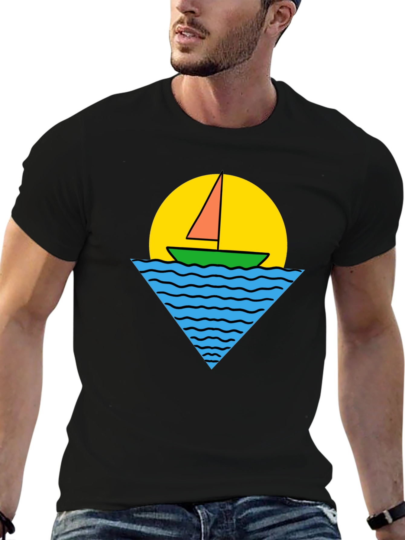 Retro Boat Graphic Tee - Black Cotton T-Shirt