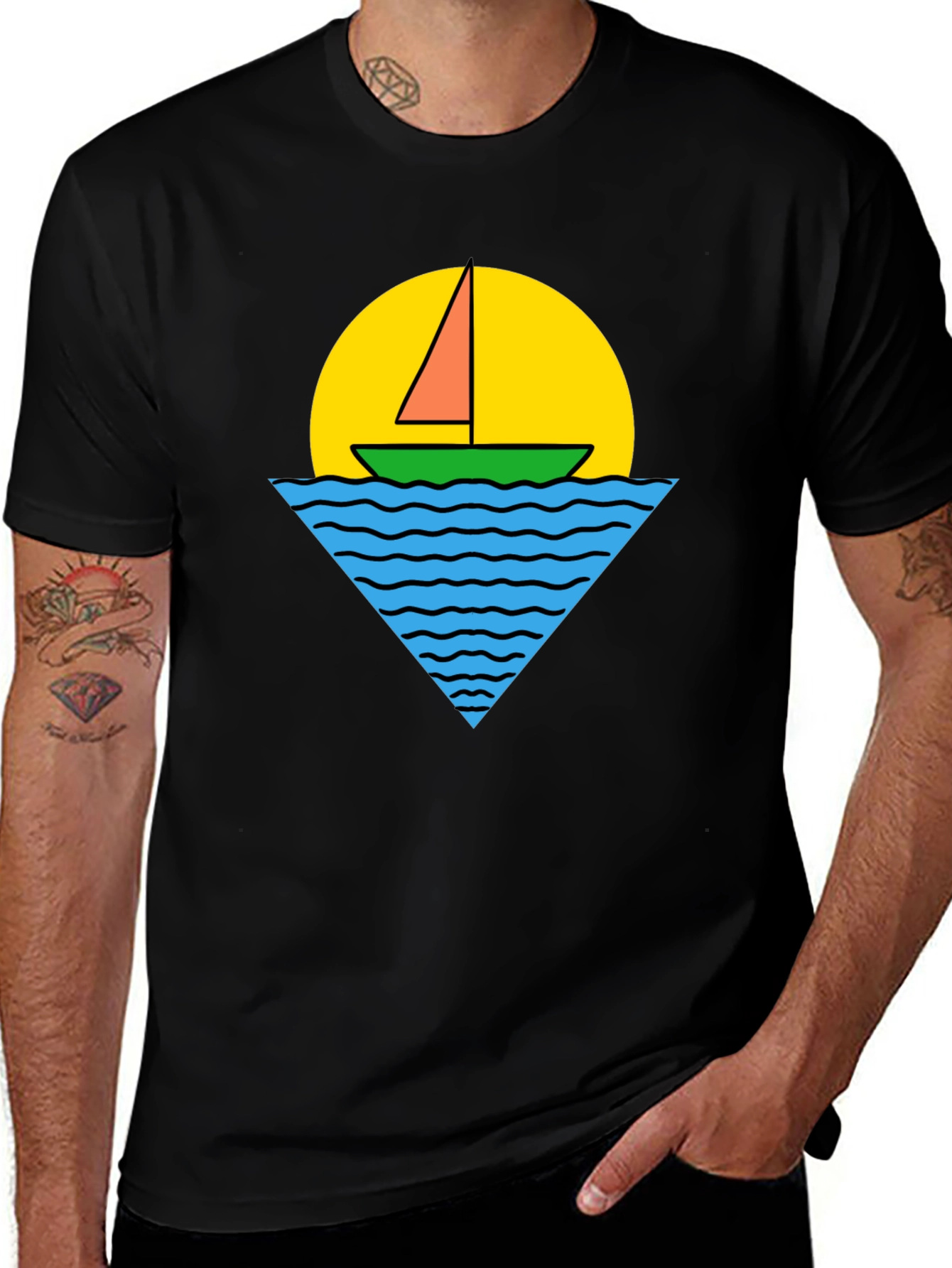 Retro Boat Graphic Tee - Black Cotton T-Shirt