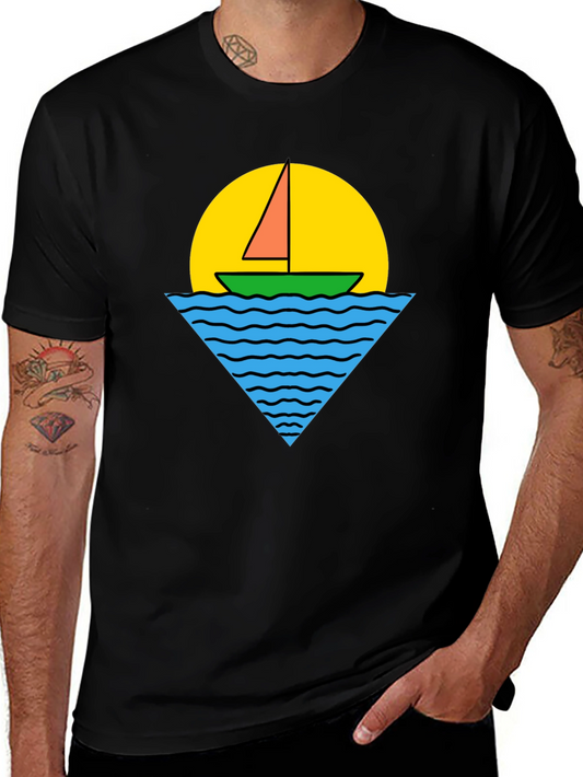 Retro Boat Graphic Tee - Black Cotton T-Shirt