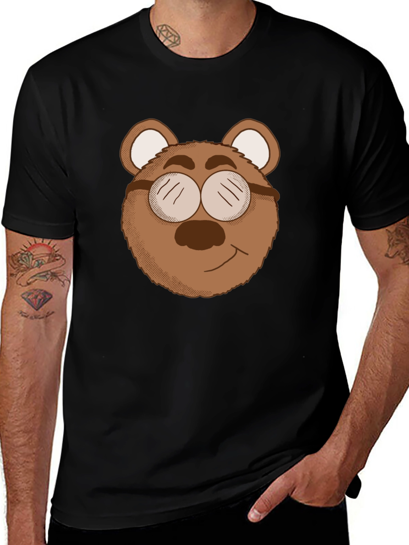 Bear with Glasses Graphic Tee - Black Cotton Blend