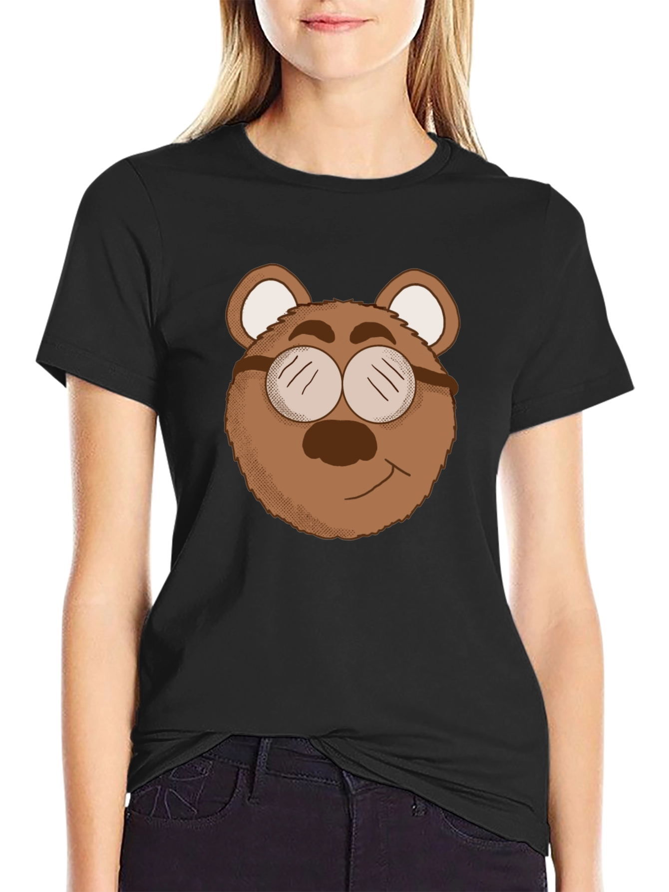 Bear with Glasses Graphic Tee - Black Cotton Blend