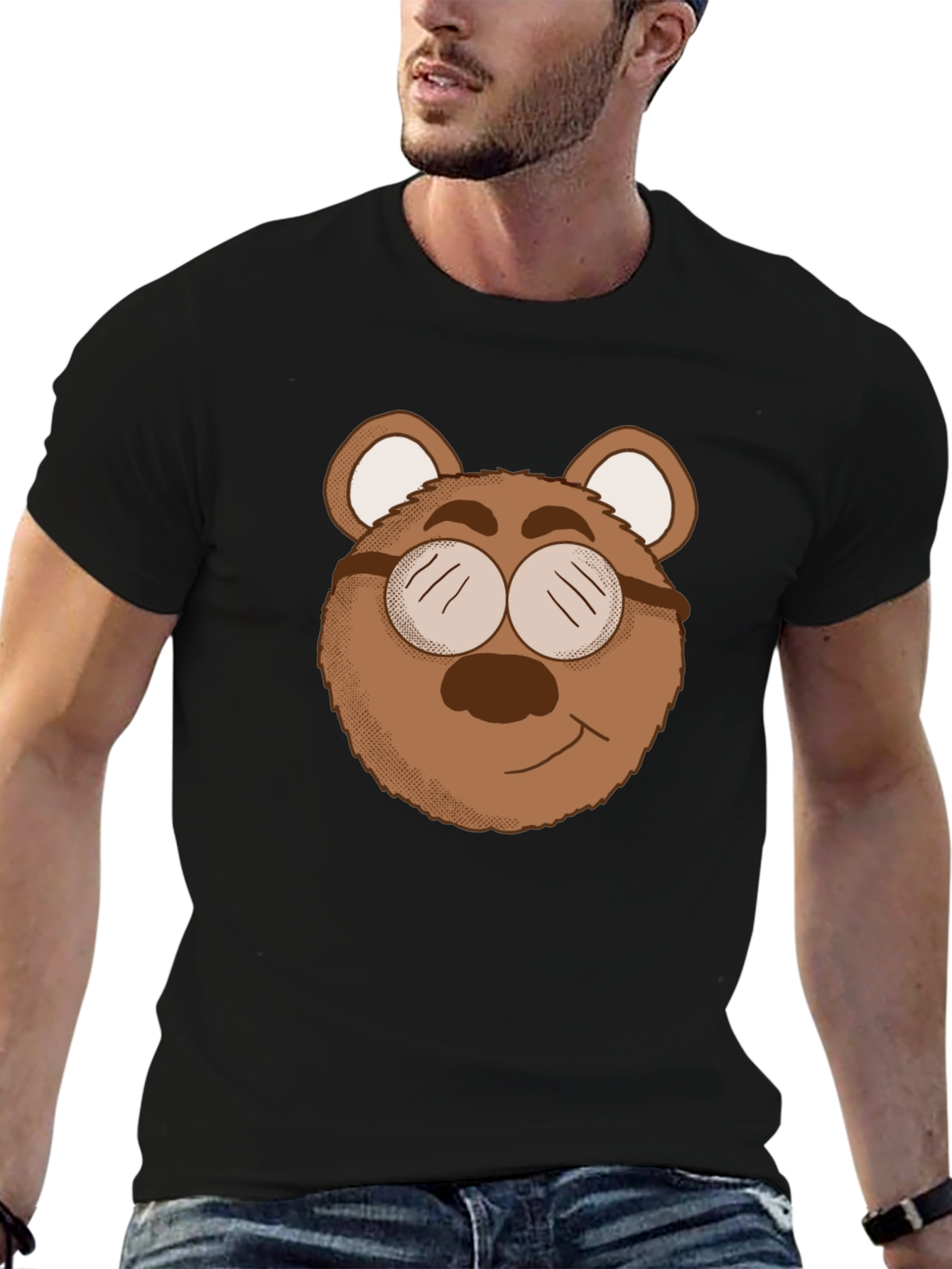 Bear with Glasses Graphic Tee - Black Cotton Blend