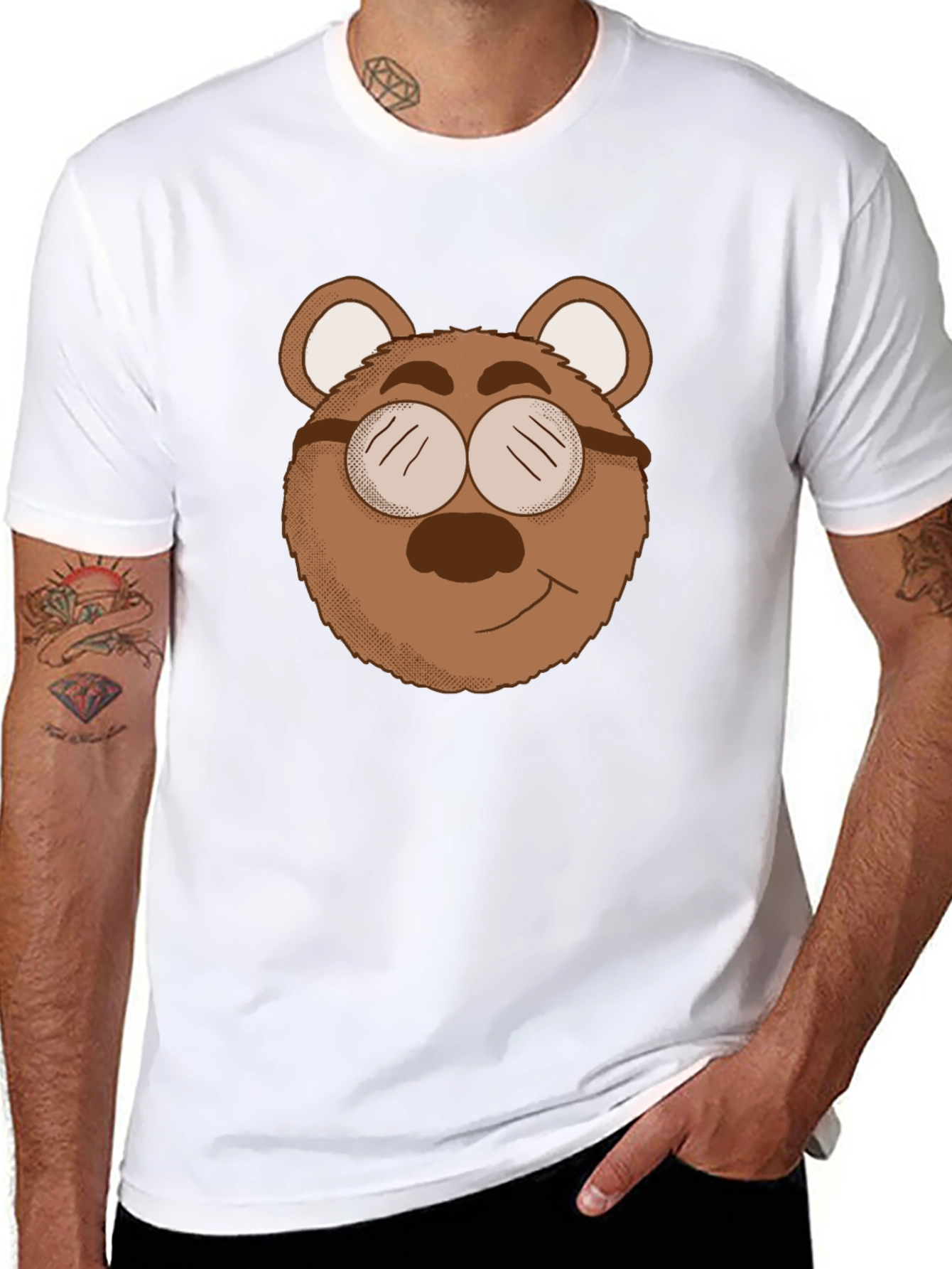 Bear with Glasses Graphic Tee - Black Cotton Blend