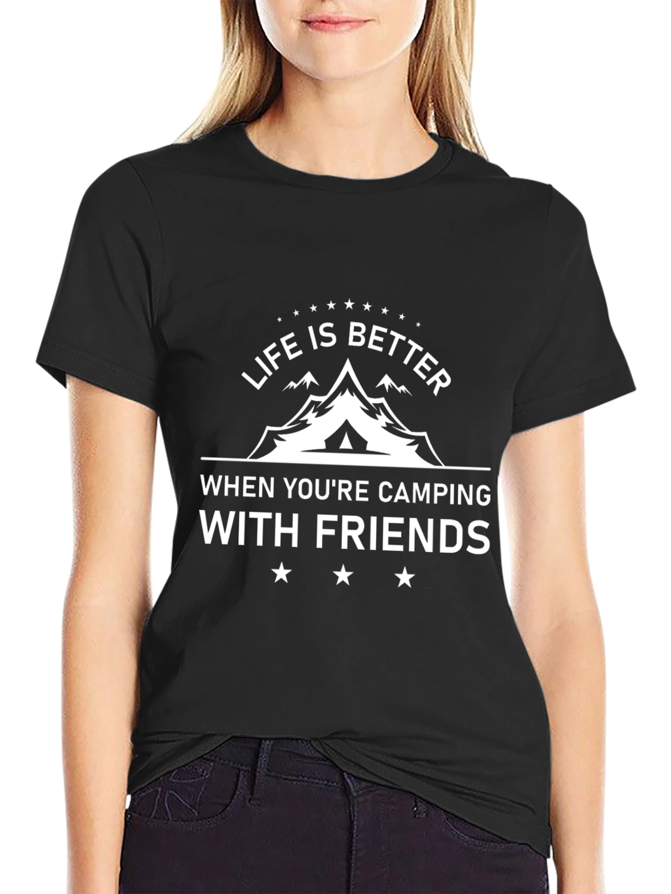 Camping with Friends Black Graphic T-Shirt
