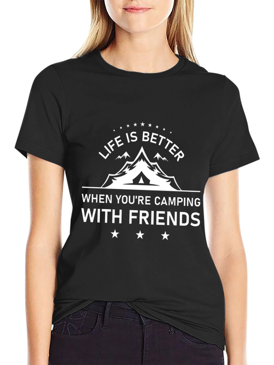 Camping with Friends Black Graphic T-Shirt