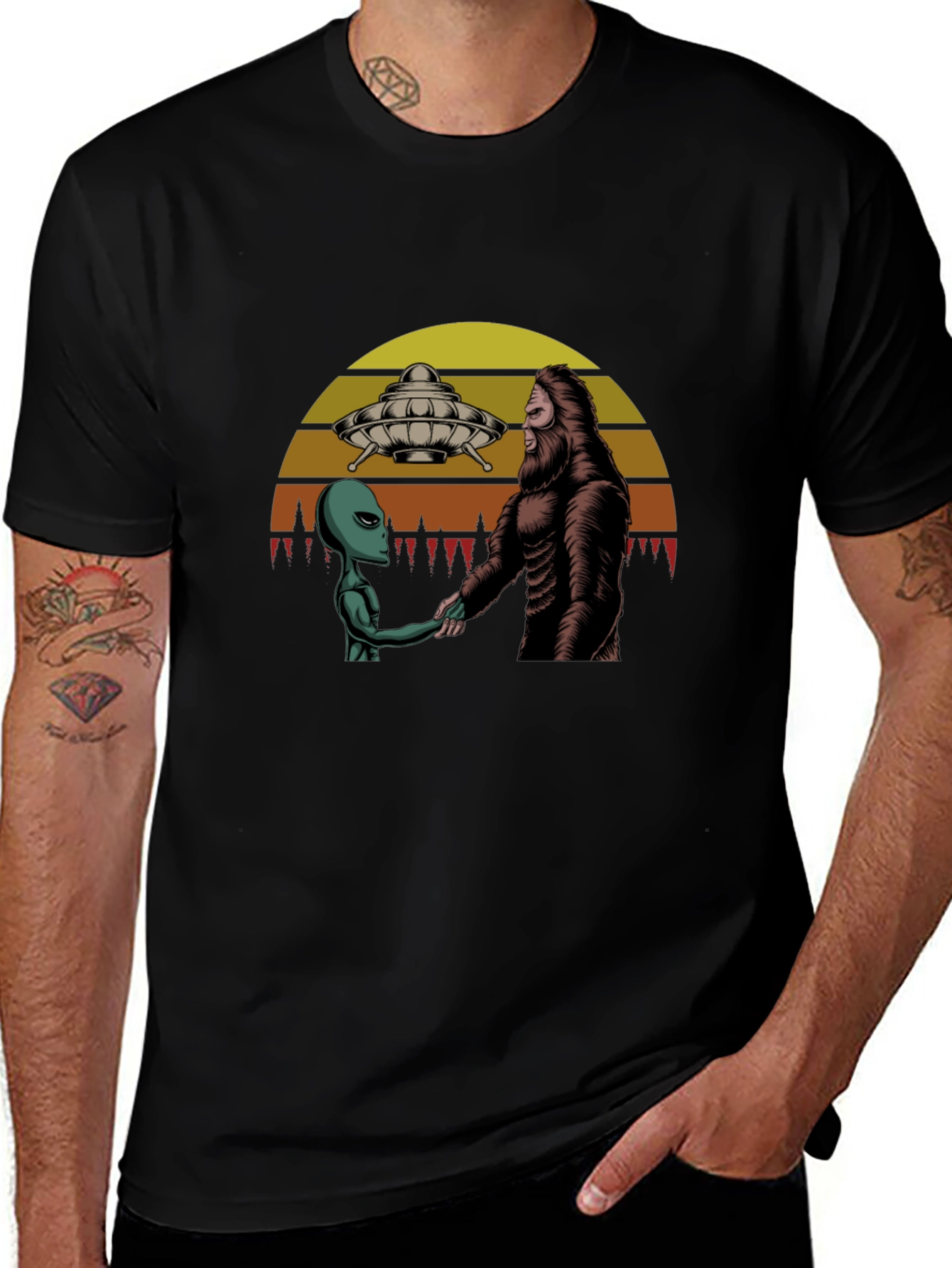 Alien & Bigfoot Handshake Graphic Tee - Conspiracy T-Shirt