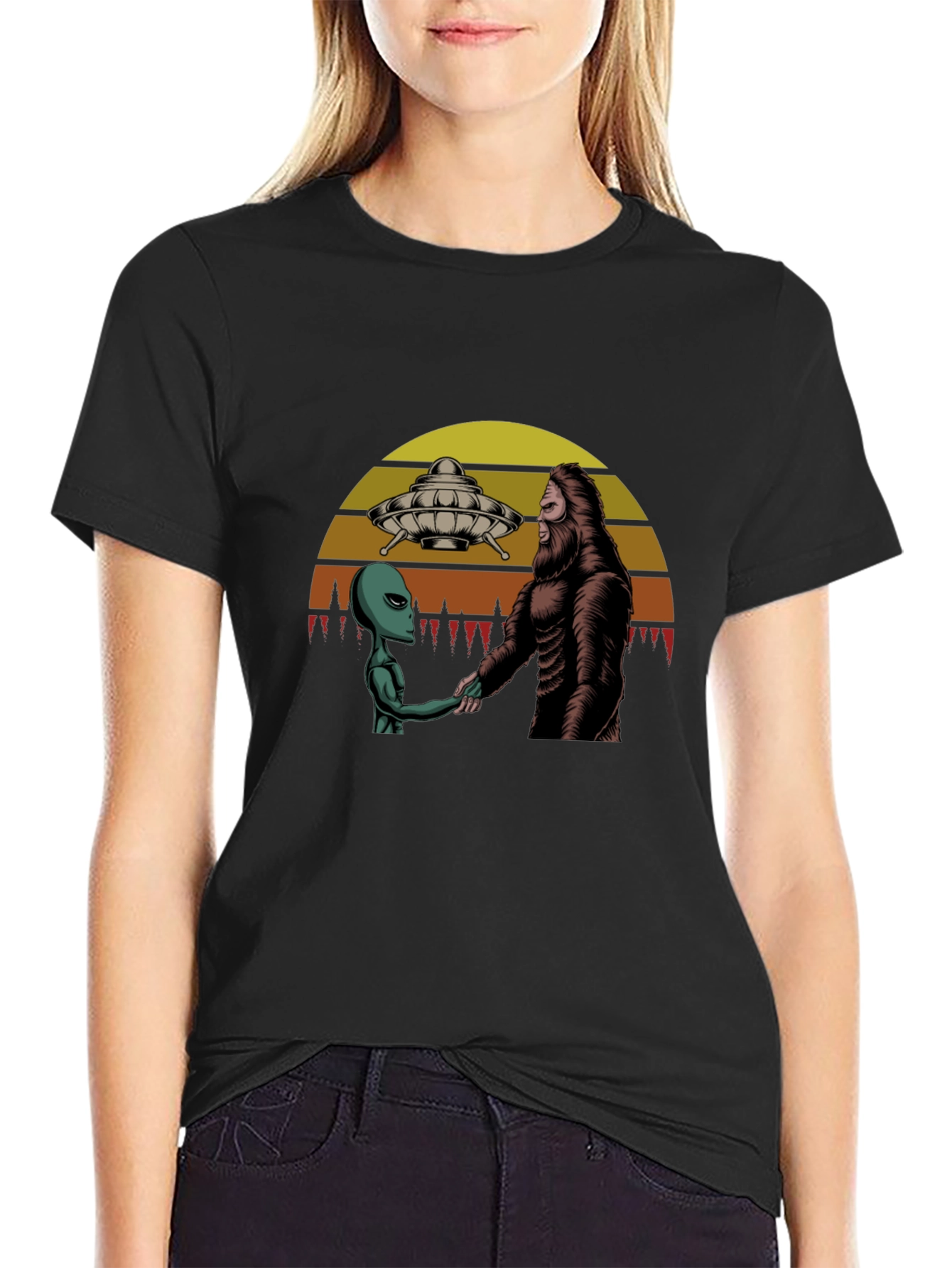 Alien & Bigfoot Handshake Graphic Tee - Conspiracy T-Shirt