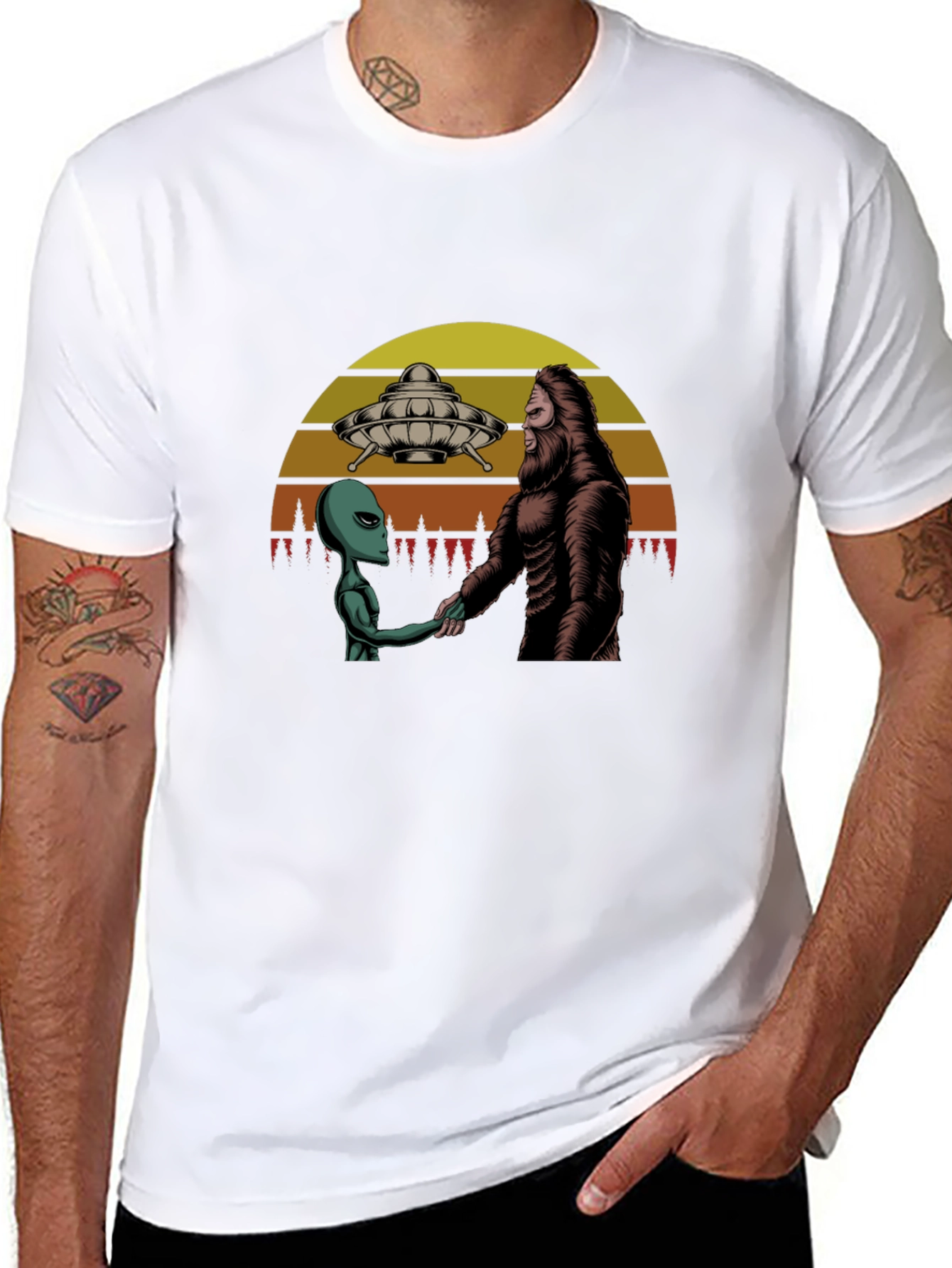 Alien & Bigfoot Handshake Graphic Tee - Conspiracy T-Shirt
